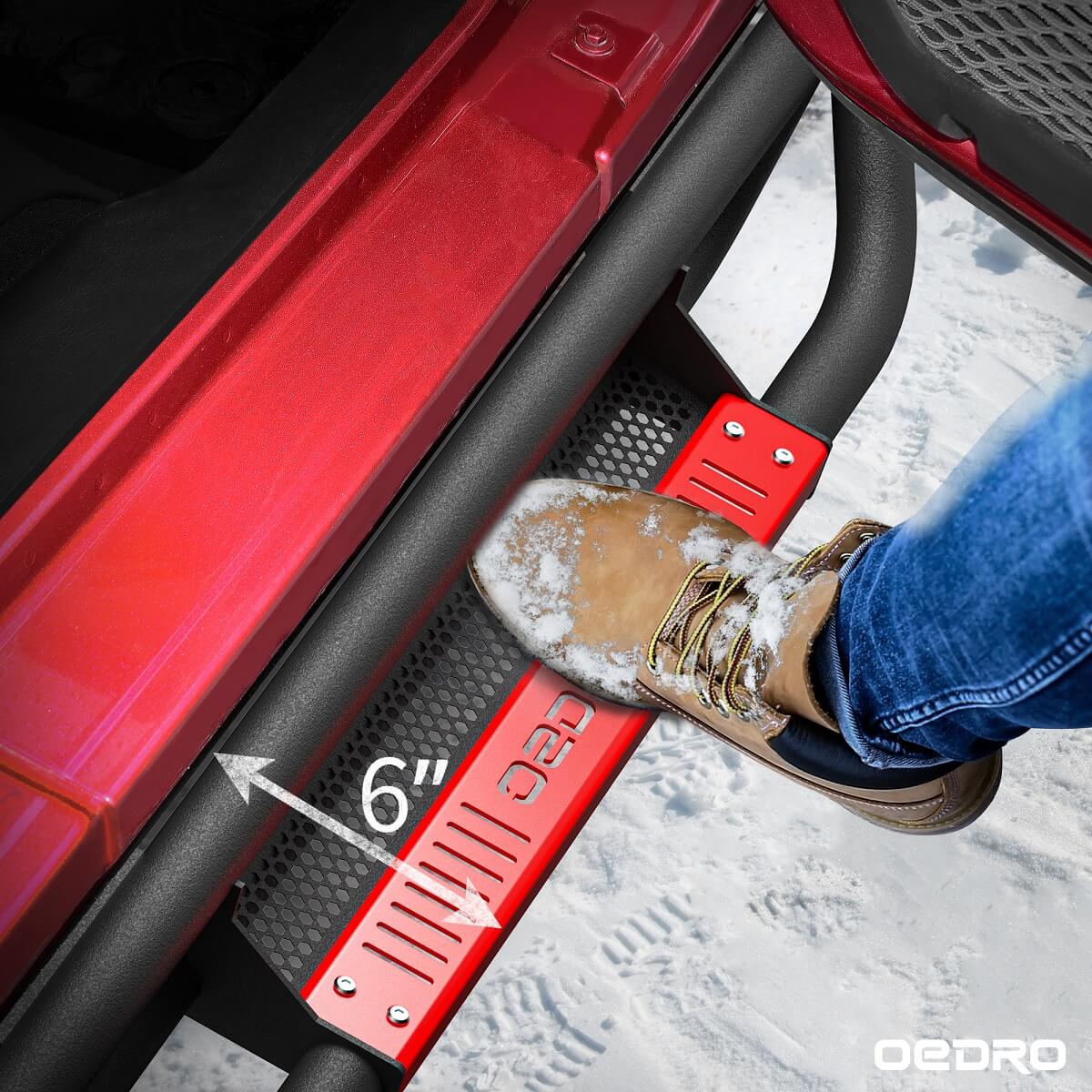Side view of OEDRO Running Boards for 2015-2024 Ford F-150 SuperCrew Cab & 2017-2024 Ford F-250 F-350, Textured Nerf Bar Truck Side Steps