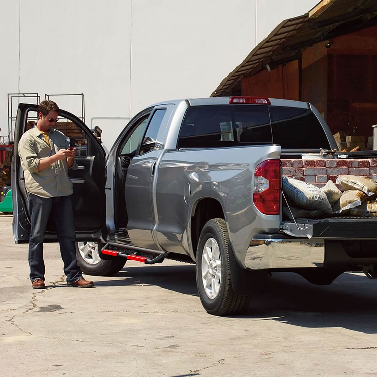 Side view of OEDRO Running Boards for 2007-2021 Toyota Tundra Double Cab, Black & Red Truck Side Steps w/Paintable Plates