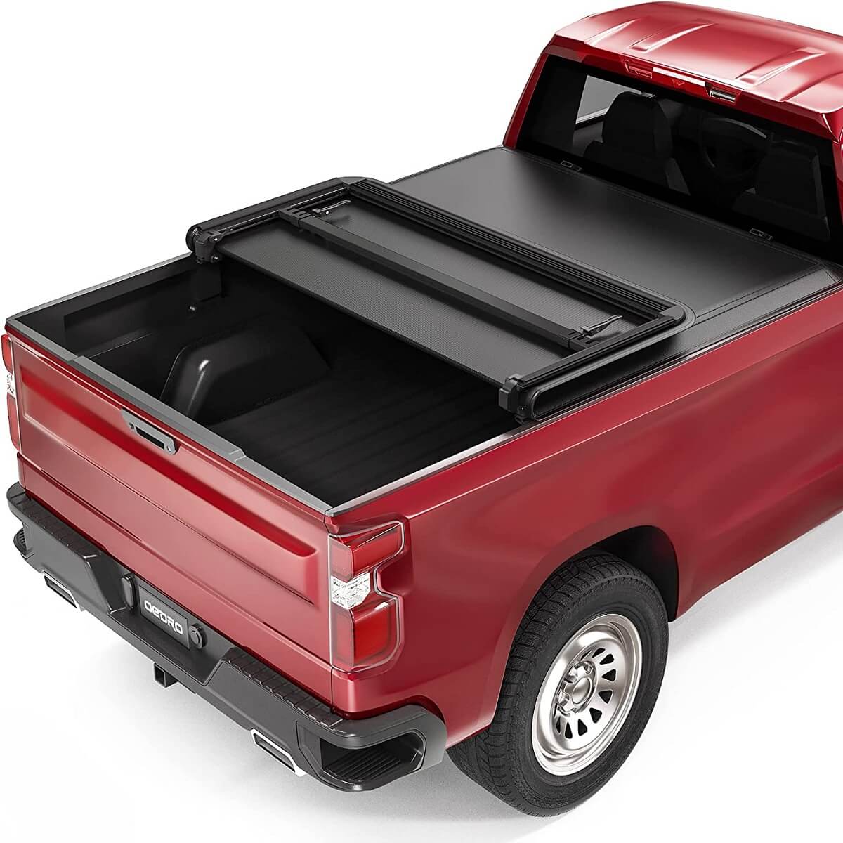 Side view of OEDRO Soft Tri-Fold Tonneau Cover Fit for 2019-2026  Chevy Silverado 1500 / GMC Sierra 1500 New Body Style, Designed to Accommodate Fleetside 6.6ft