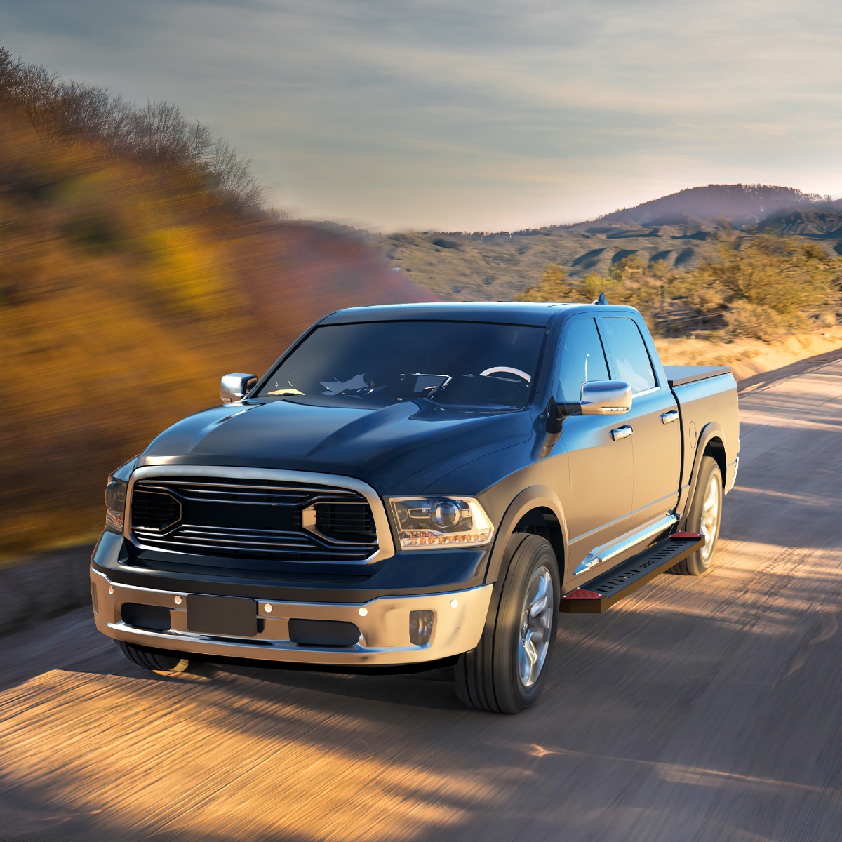 Side view of OEDRO 6" Running Boards for 2019-2026 Dodge RAM 1500 New Body Crew Cab