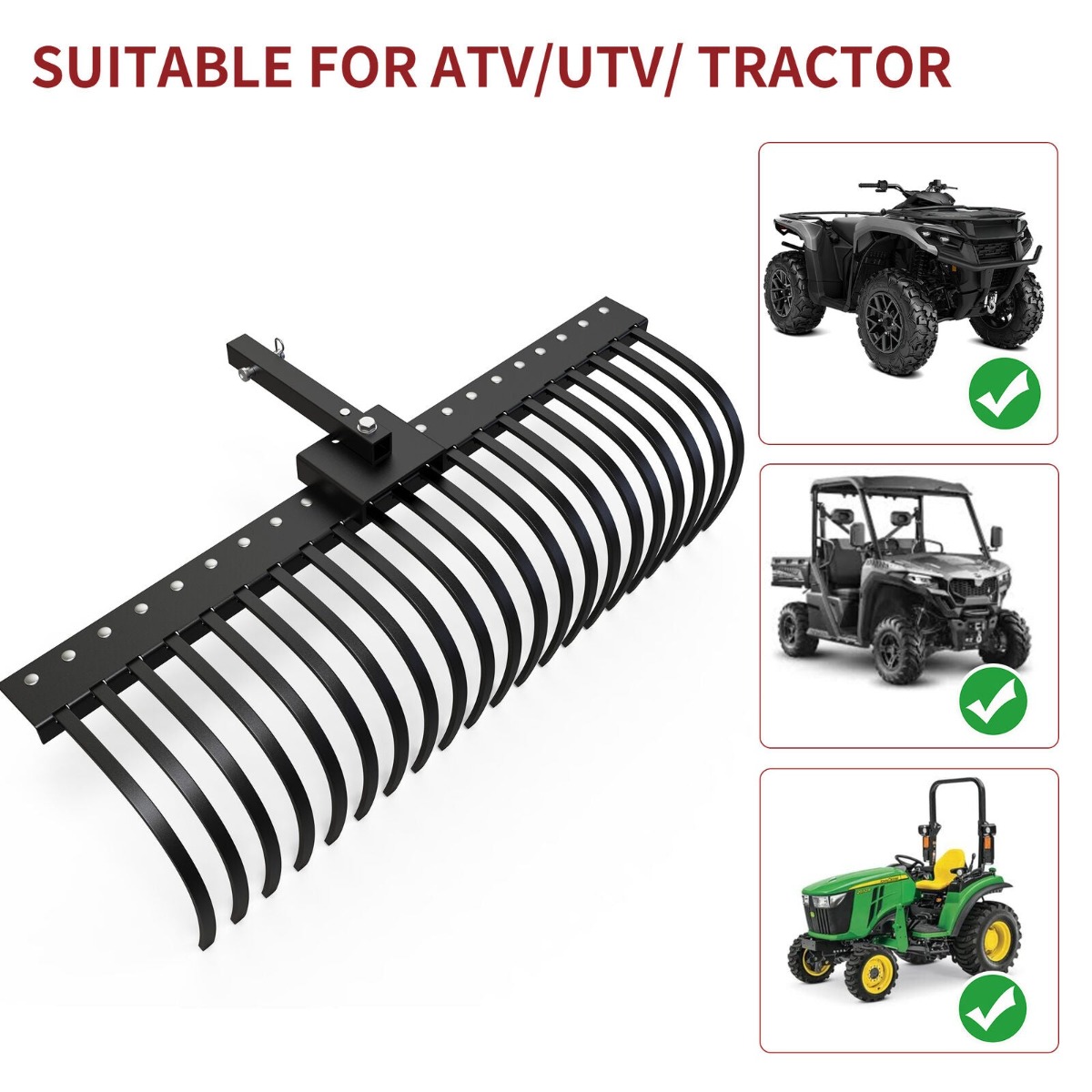 Side view of 21 Pine Straw Rake with 2" Receiver for Lawn Tractors ATVs / UTVs Implement Lift