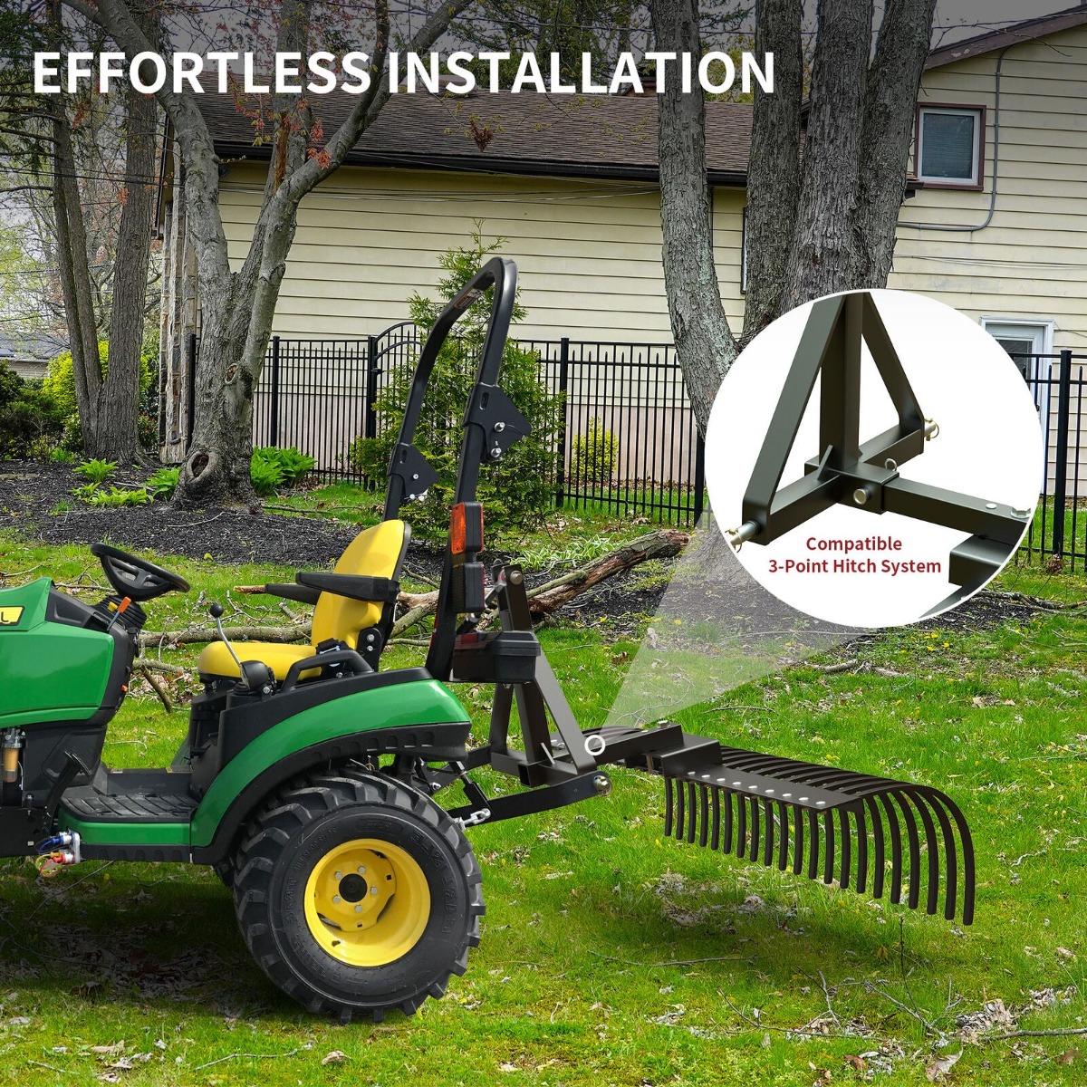 Side view of 21 Pine Straw Rake with 2" Receiver for Lawn Tractors ATVs / UTVs Implement Lift