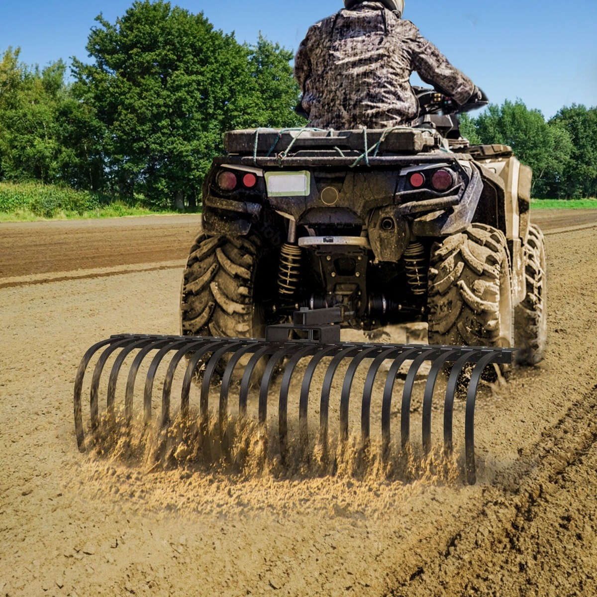 Side view of 21 Pine Straw Rake with 2" Receiver for Lawn Tractors ATVs / UTVs Implement Lift