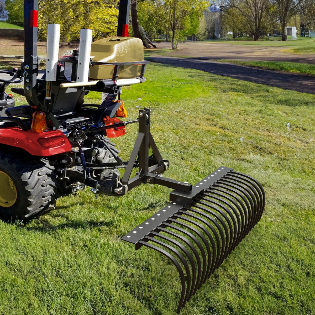 Side view of 21 Pine Straw Rake with 2" Receiver for Lawn Tractors ATVs / UTVs Implement Lift