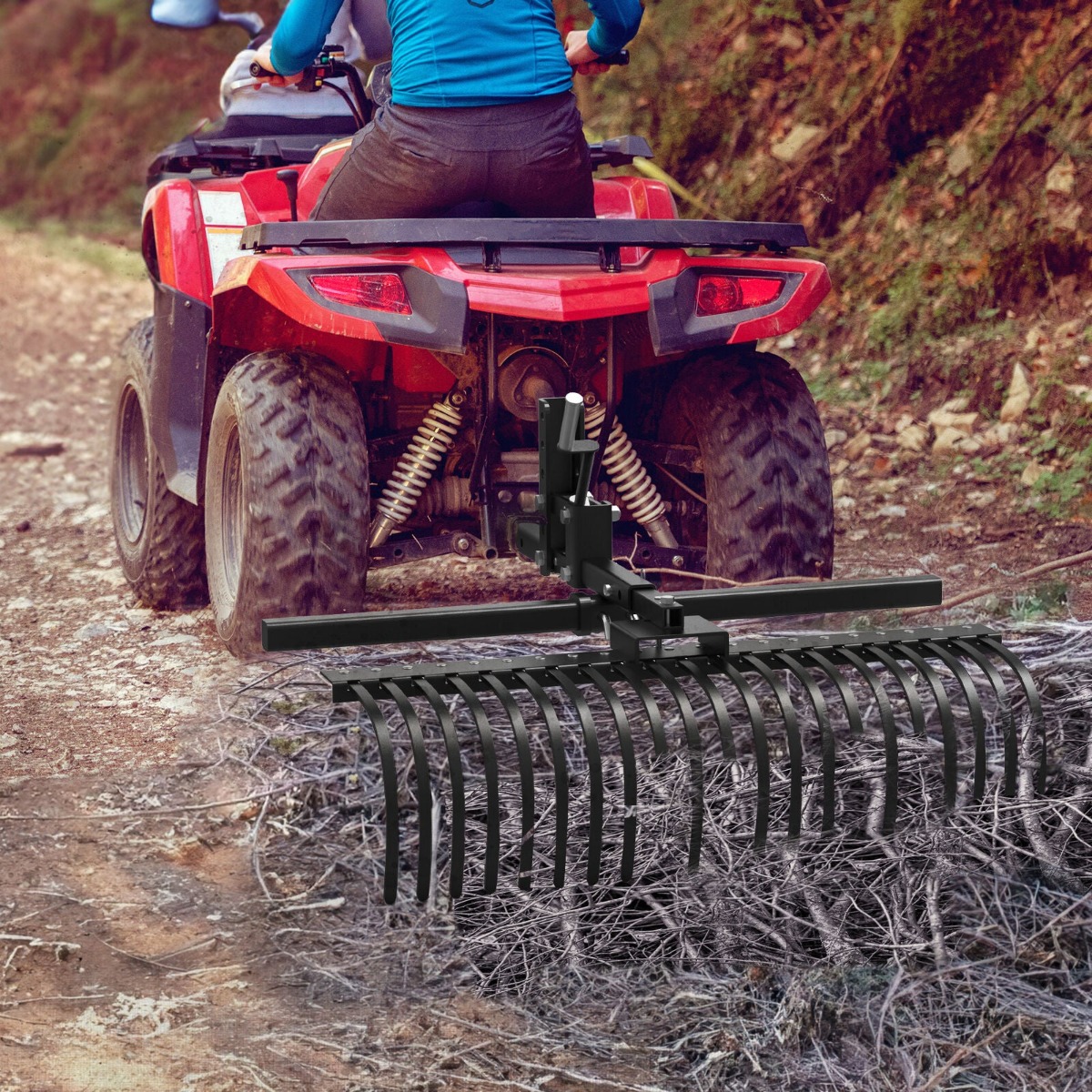 Side view of 21 Pine Straw Rake with 2" Receiver for Lawn Tractors ATVs / UTVs Implement Lift