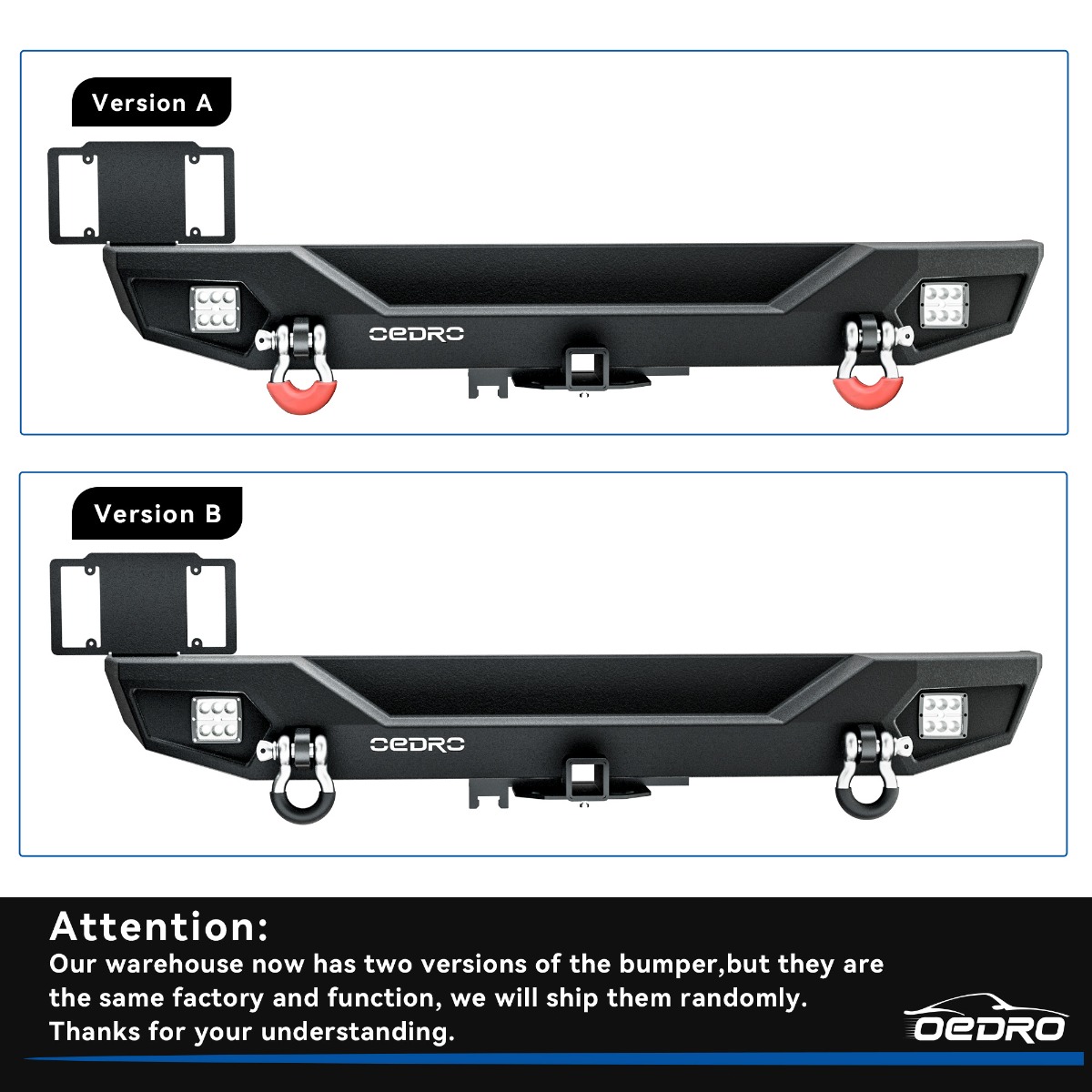 Side view of OEDRO Rear Bumper for 2018-2025 Jeep Wrangler JL, Rock Crawler Bumper with Hitch Receiver 2 x LED Lights & 2 x D-Rings (Not for JK)
