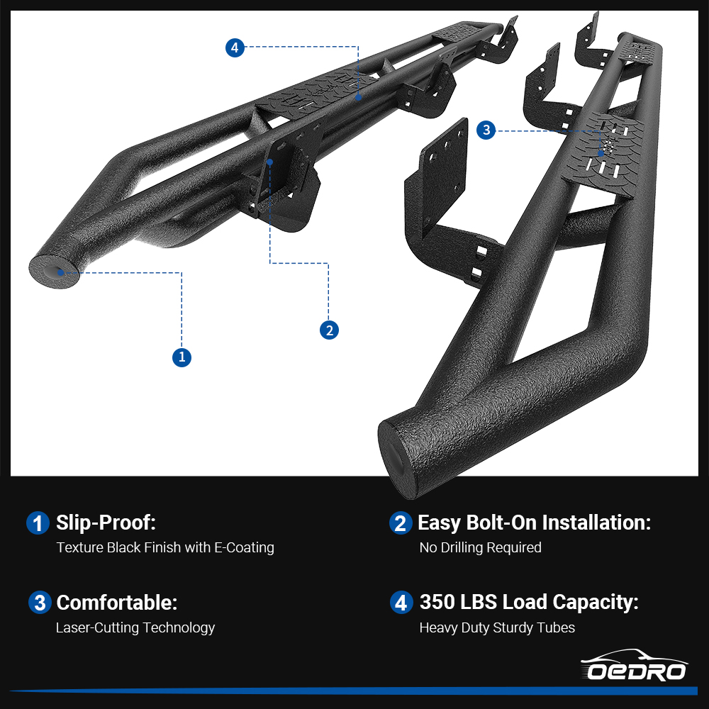 Side view of OEDRO Running Boards for 2019-2026 Dodge Ram 1500 Crew Cab (Not For Classic Models), Textured Black Heavy Duty Side Steps