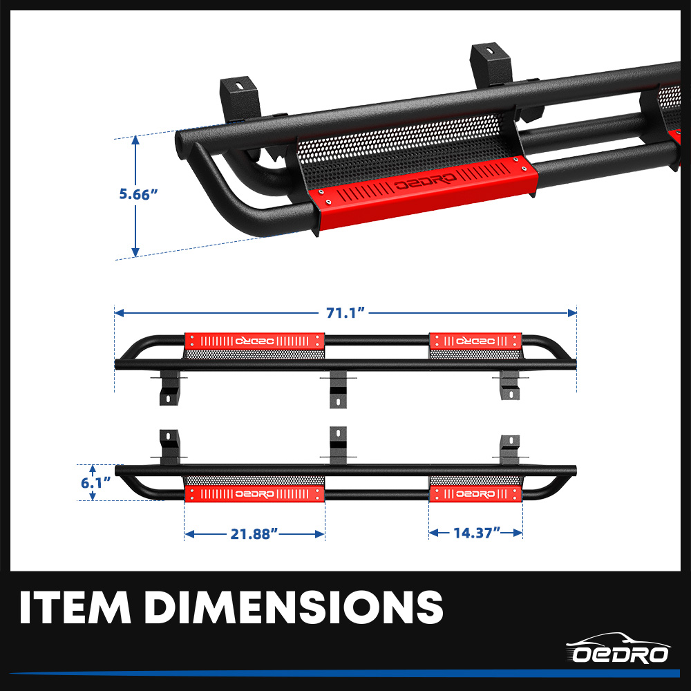 Side view of OEDRO Running Boards for 2018-2026 Jeep Wrangler JL Unlimited 4 Door, All Steel Black and Red Nerf Bar