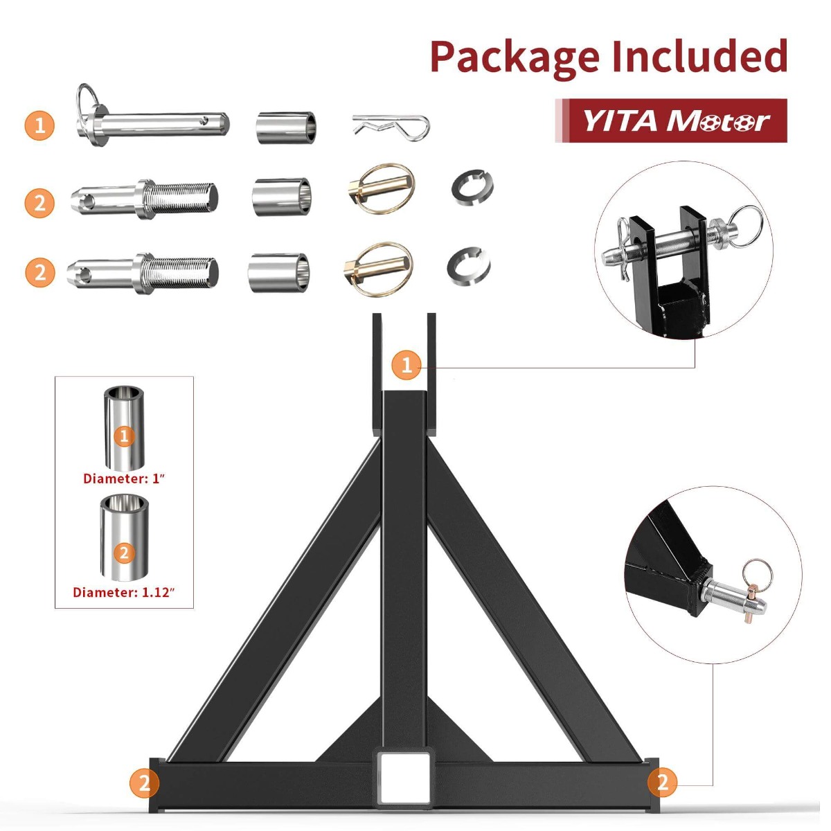Side view of YITAMOTOR® 2" Receiver 3 Point Quick Trailer Hitch Adapter Category 1 Tractor