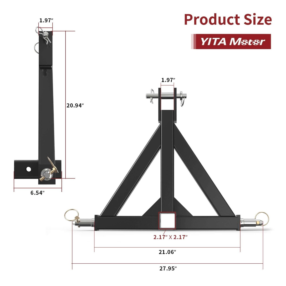 Side view of YITAMOTOR® 2" Receiver 3 Point Quick Trailer Hitch Adapter Category 1 Tractor