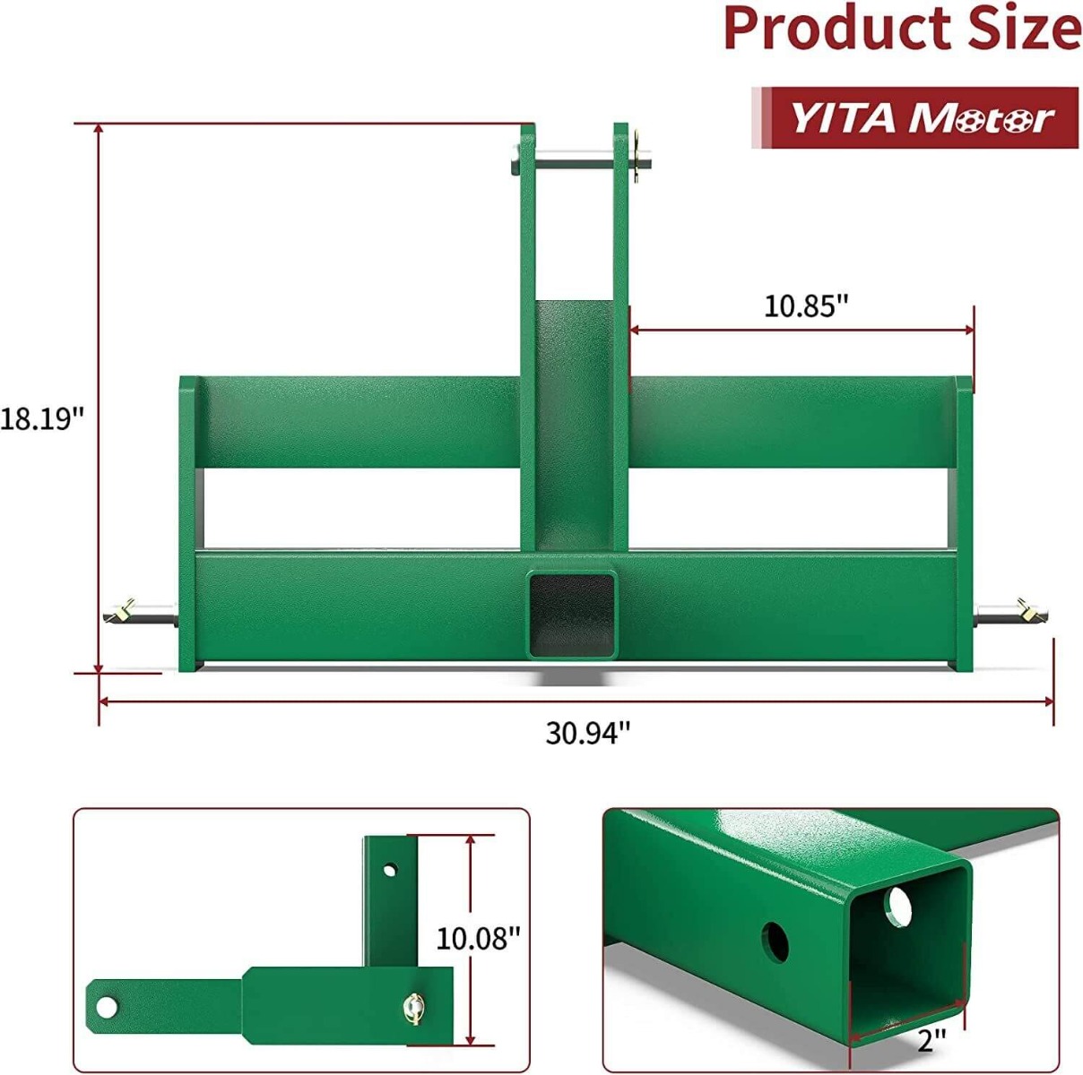 Side view of YITAMOTOR® 3 Point Hitch Receiver Tractor Drawbar Attachment 3-Pt with Suitcase Weight Brackets for CAT 1