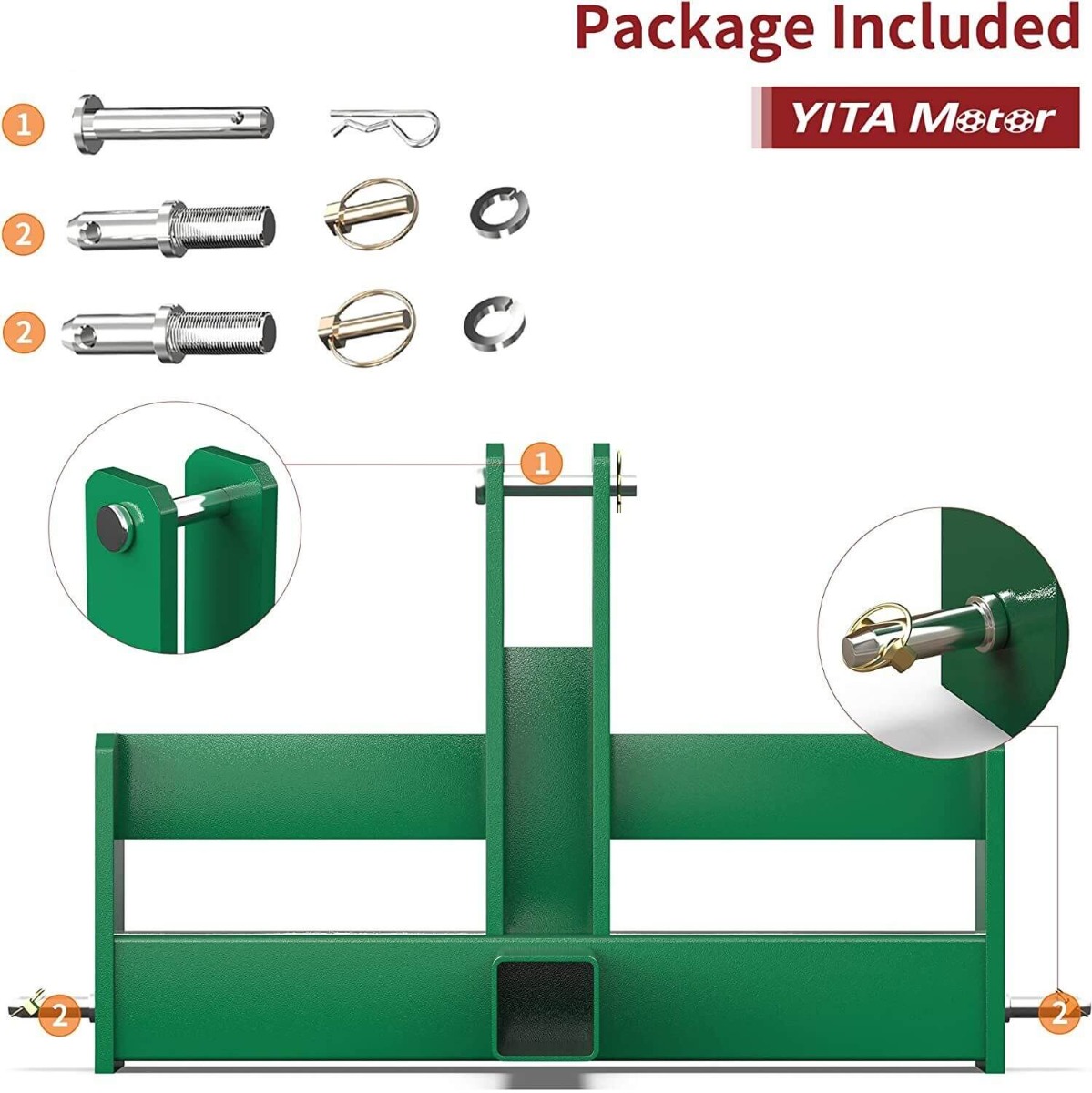 Side view of YITAMOTOR® 3 Point Hitch Receiver Tractor Drawbar Attachment 3-Pt with Suitcase Weight Brackets for CAT 1