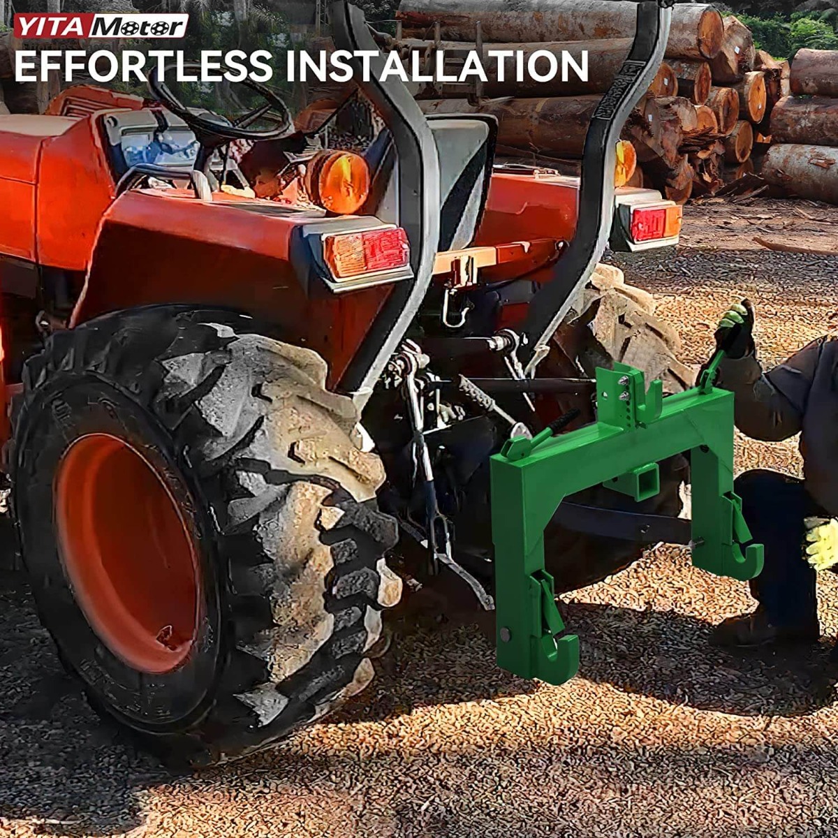 Side view of YITAMOTOR® 3 Point Quick Hitch, 3000 lbs with 2" Receiver Hitch Adaptation to Category 1 Tractor with 5 Level Adjustable Bolt