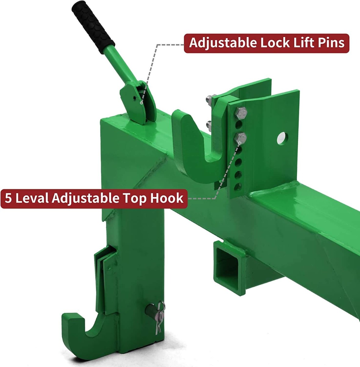 Side view of YITAMOTOR® 3 Point Quick Hitch, 3000 lbs with 2" Receiver Hitch Adaptation to Category 1 Tractor with 5 Level Adjustable Bolt