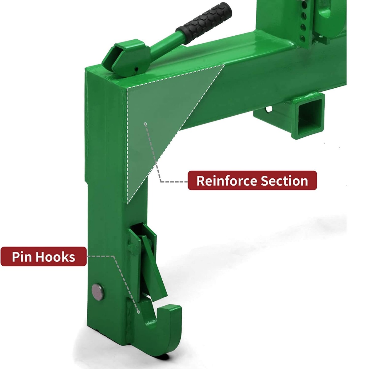 Side view of YITAMOTOR® 3 Point Quick Hitch, 3000 lbs with 2" Receiver Hitch Adaptation to Category 1 Tractor with 5 Level Adjustable Bolt