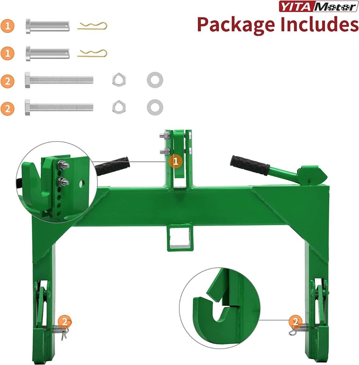Side view of YITAMOTOR® 3 Point Quick Hitch, 3000 lbs with 2" Receiver Hitch Adaptation to Category 1 Tractor with 5 Level Adjustable Bolt
