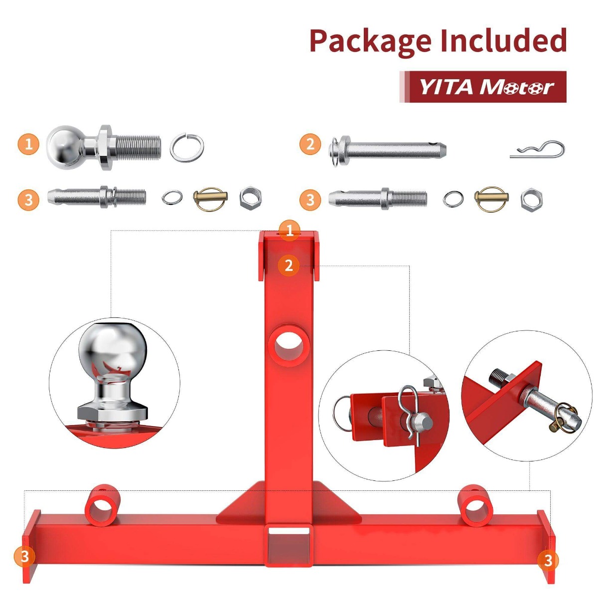 Side view of YITAMOTOR® 3 Point Trailer Hitch with 2" Receivers for Category 1 Tractors
