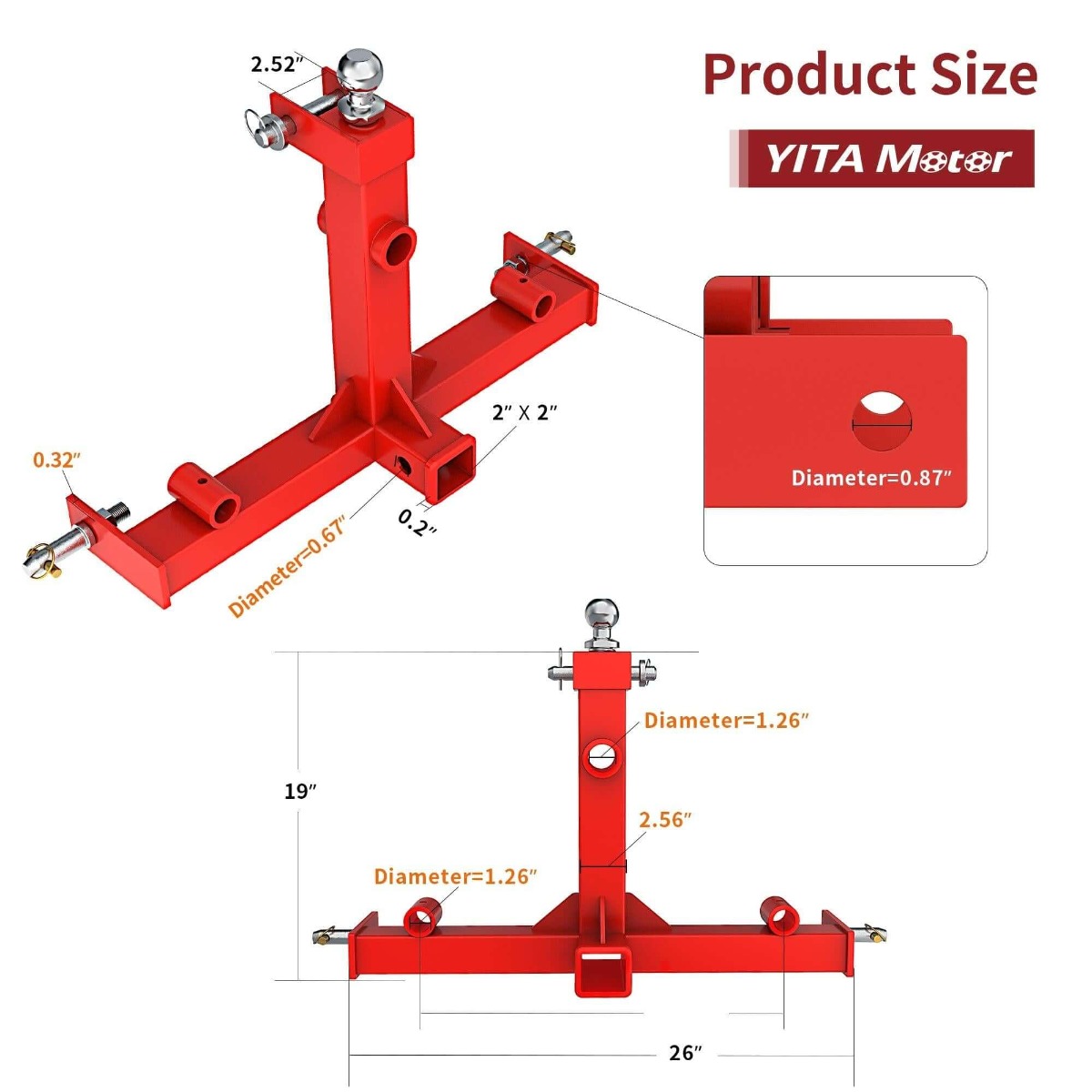 Side view of YITAMOTOR® 3 Point Trailer Hitch with 2" Receivers for Category 1 Tractors