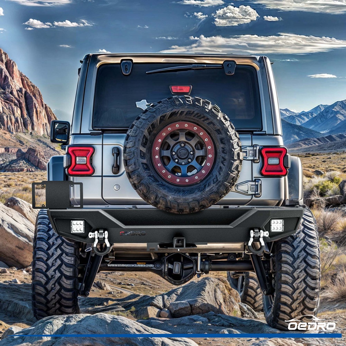 Side view of OEDRO Rear Bumper for 2018-2025 Jeep Wrangler JL, Rock Crawler Bumper with Hitch Receiver 2 x LED Lights & 2 x D-Rings (Not for JK)