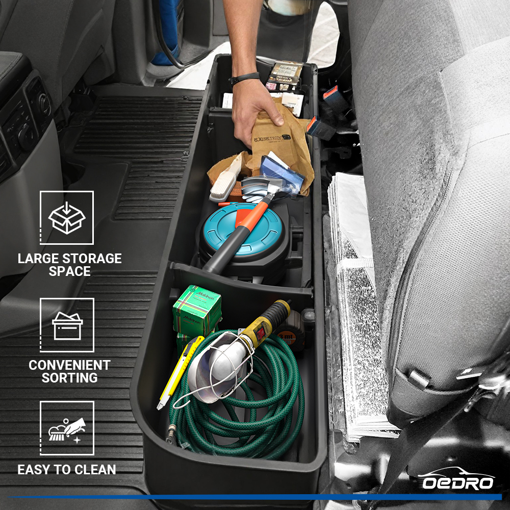 Side view of OEDRO Upgraded Under Seat Storage Box for 2015-2026 Ford F150 Super Crew Cab, 2 in 1 Design Black Organizers