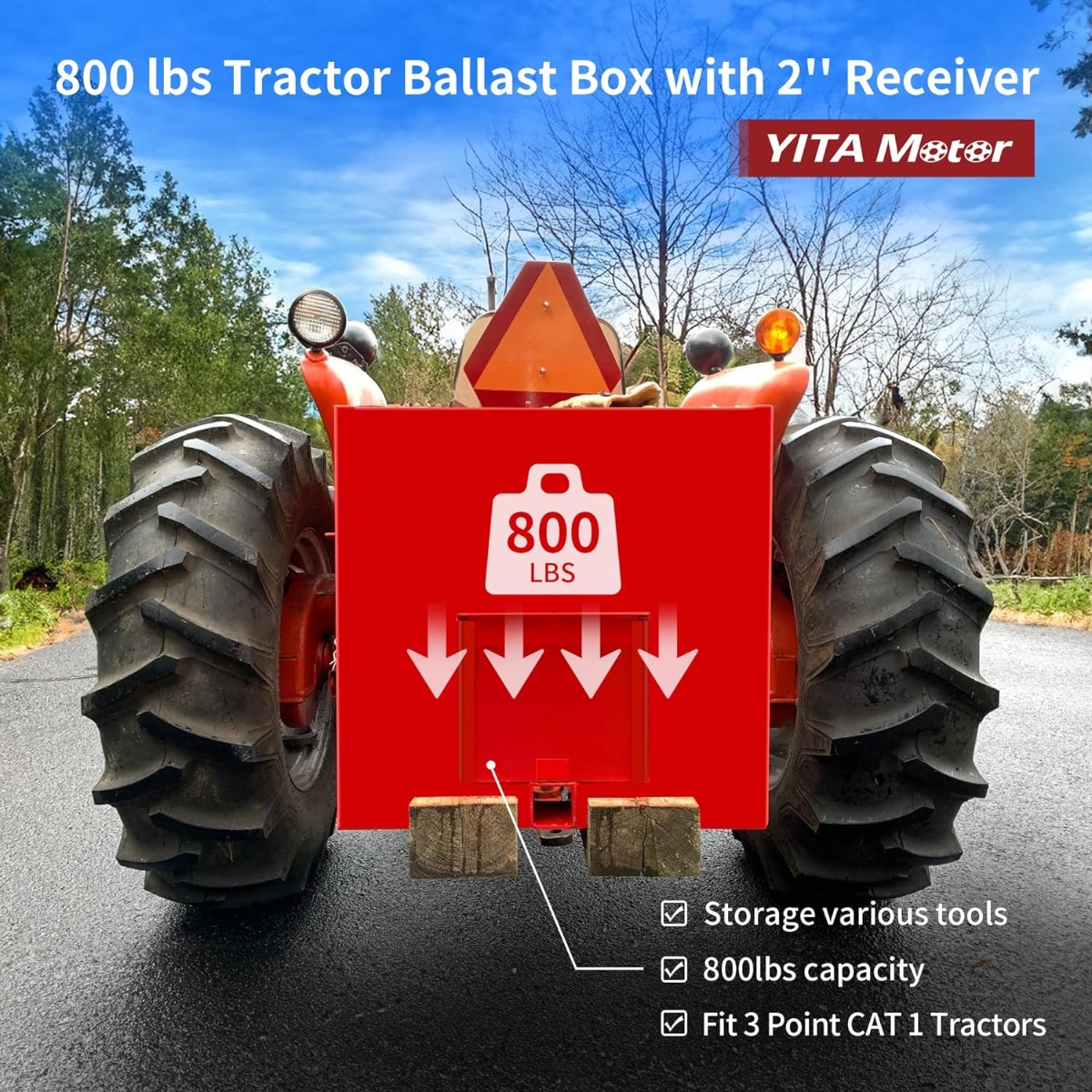 Side view of YITAMOTOR® 3 Point Hitch Ballast Box, 800 lbs Tractor Ballast Box with 2'' Quick Hitch Receiver for 3 Point Category 1 Tractors, Loaders and Skid Stee