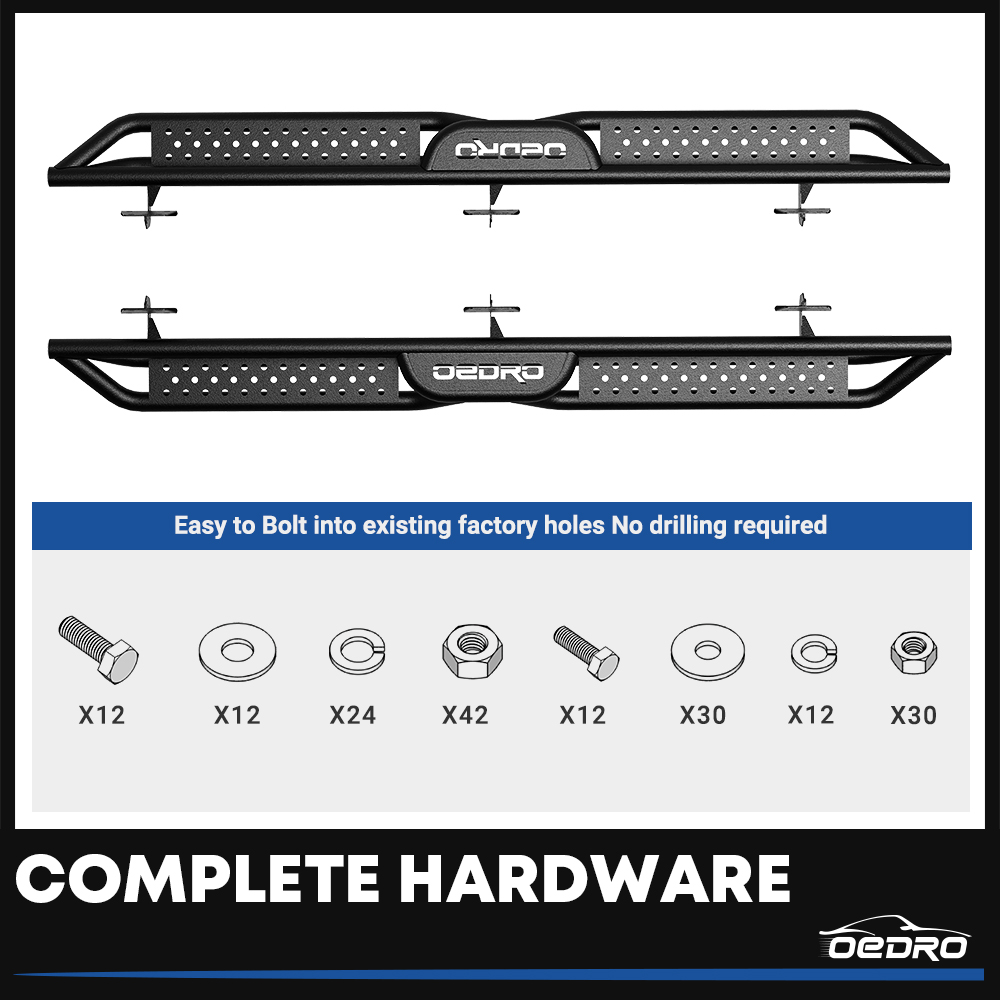 Side view of OEDRO Running Boards for 2019-2026 Dodge Ram 1500 Crew Cab New Body, Bolt-on Side Steps Steel Nerf Bar