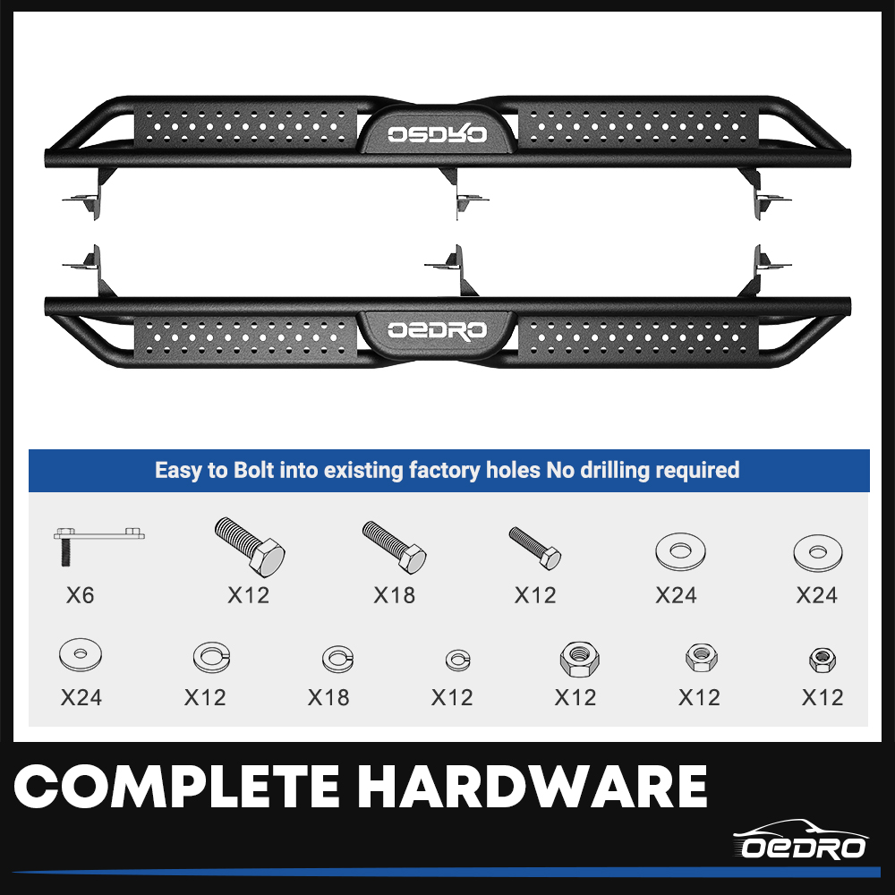 Side view of OEDRO Running Boards for 2009-2018 Dodge Ram 1500 Crew Cab, 2019-2024 Dodge Ram 1500 Classic Crew Cab, 2010-2026  Dodge Ram 2500/3500 Steps Nerf Bar