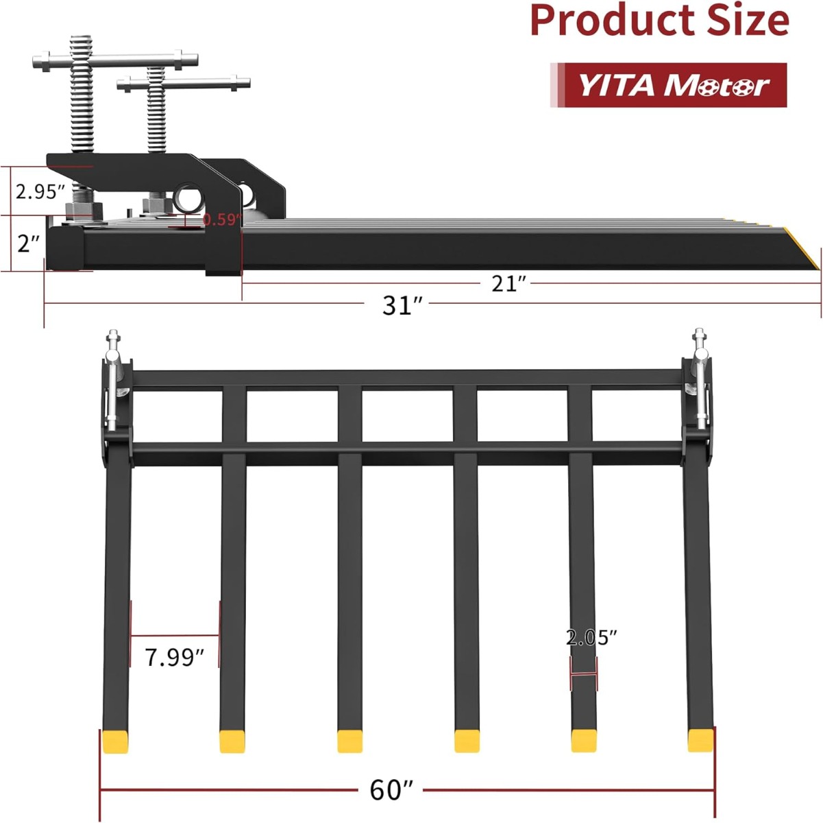 Side view of YITAMOTOR® 21" Fork Length Clamp-On Debris Forks Fit 60" Loader Buckets Skid Steers 4000LBS