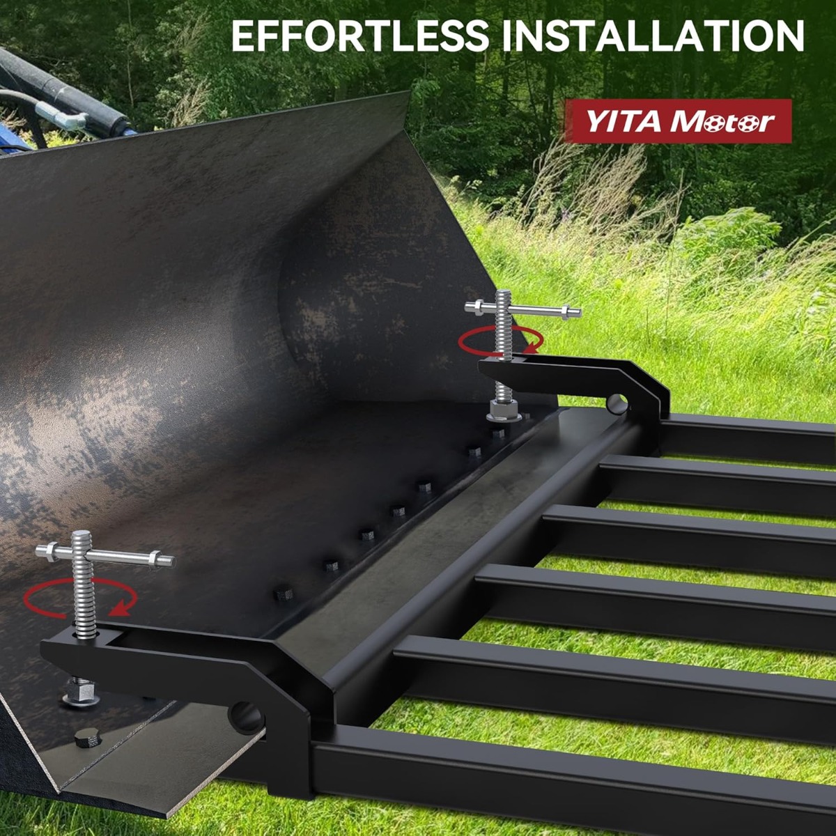Side view of YITAMOTOR® 21" Fork Length Clamp-On Debris Forks Fit 60" Loader Buckets Skid Steers 4000LBS