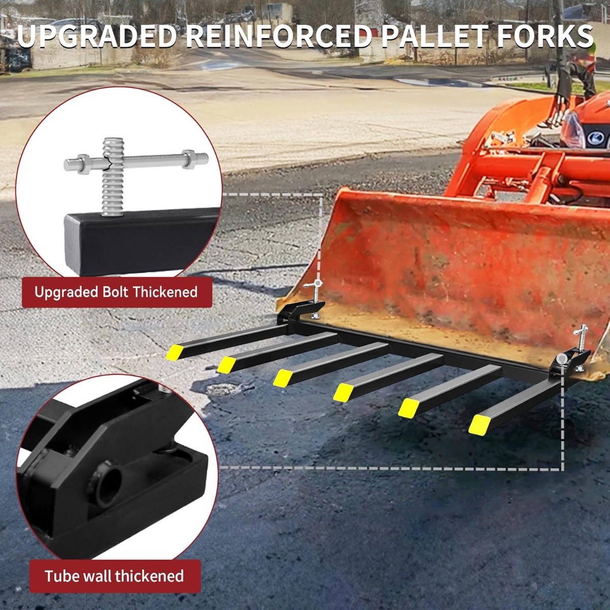 Side view of YITAMOTOR® 21" Fork Length Clamp-On Debris Forks Fit 60" Loader Buckets Skid Steers 4000LBS