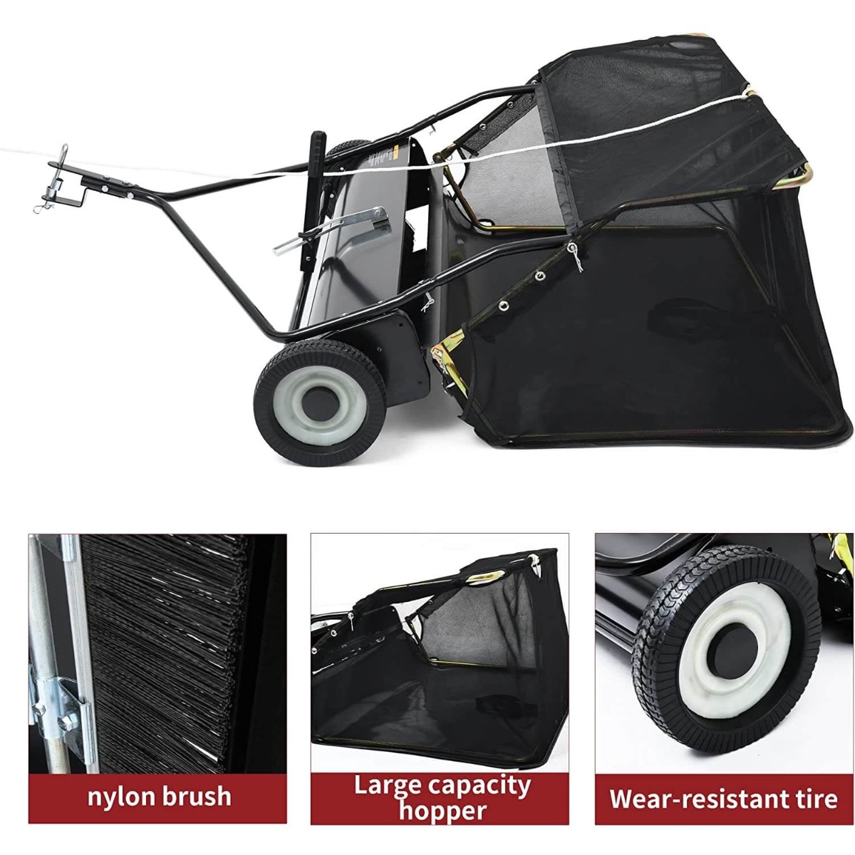 Side view of YITAMOTOR® 42" Tow Behind Lawn Sweeper Leaf Collector Sweeper for Lawn