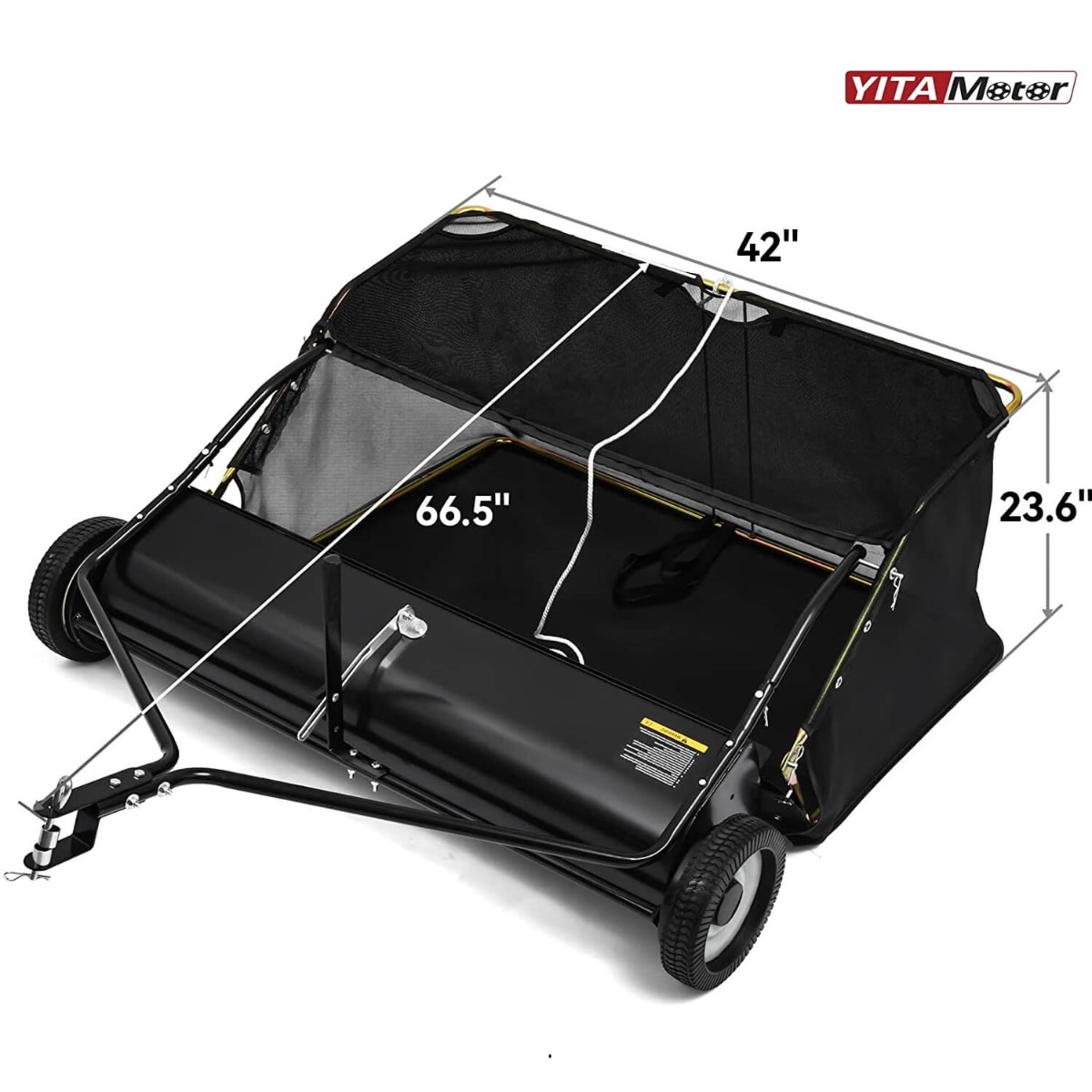 Side view of YITAMOTOR® 42" Tow Behind Lawn Sweeper Leaf Collector Sweeper for Lawn