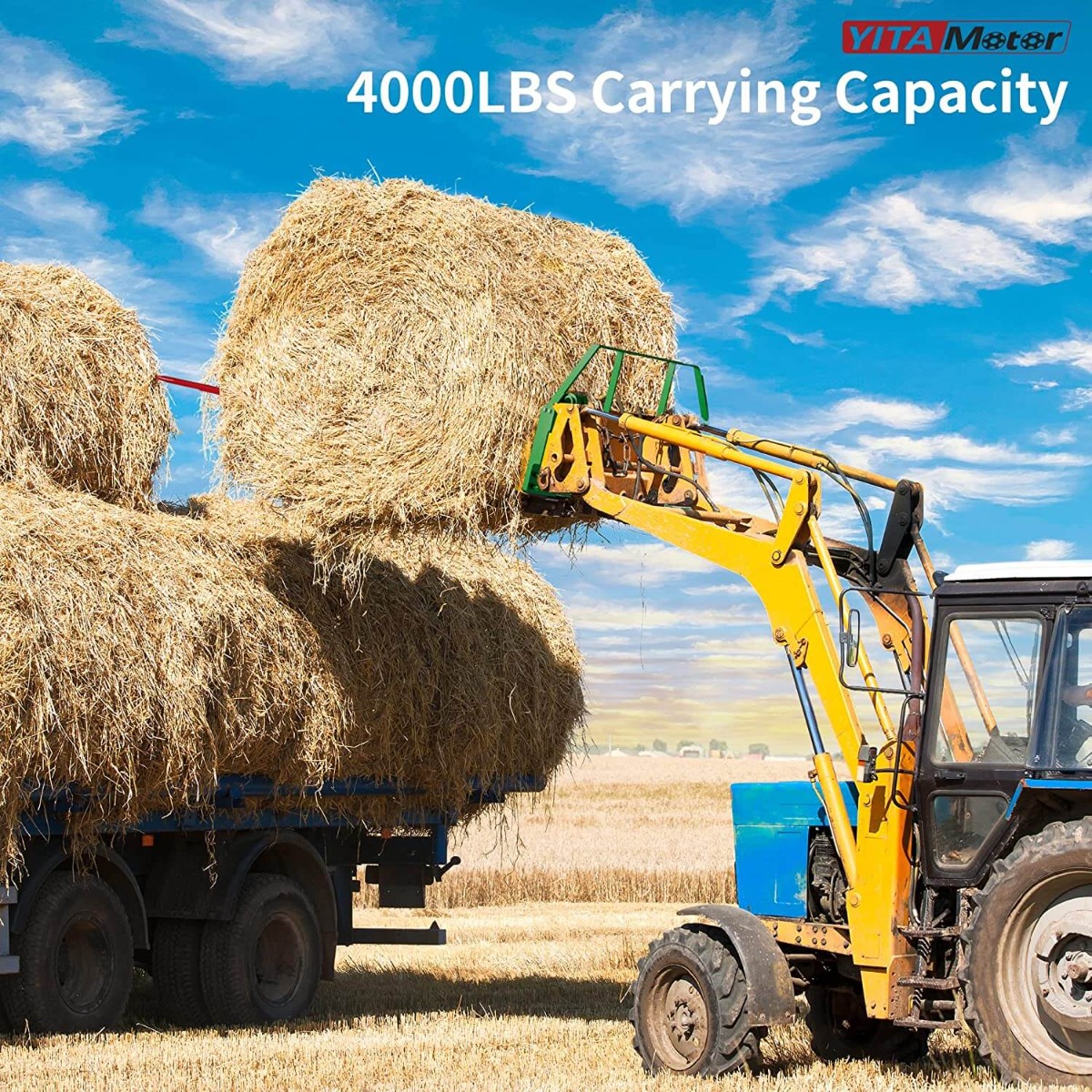 Side view of YITAMOTOR® 4000lbs 46" Skid Steer Pallet Fork Frame with Bale Spear Sleeve Fits John Deere Loaders