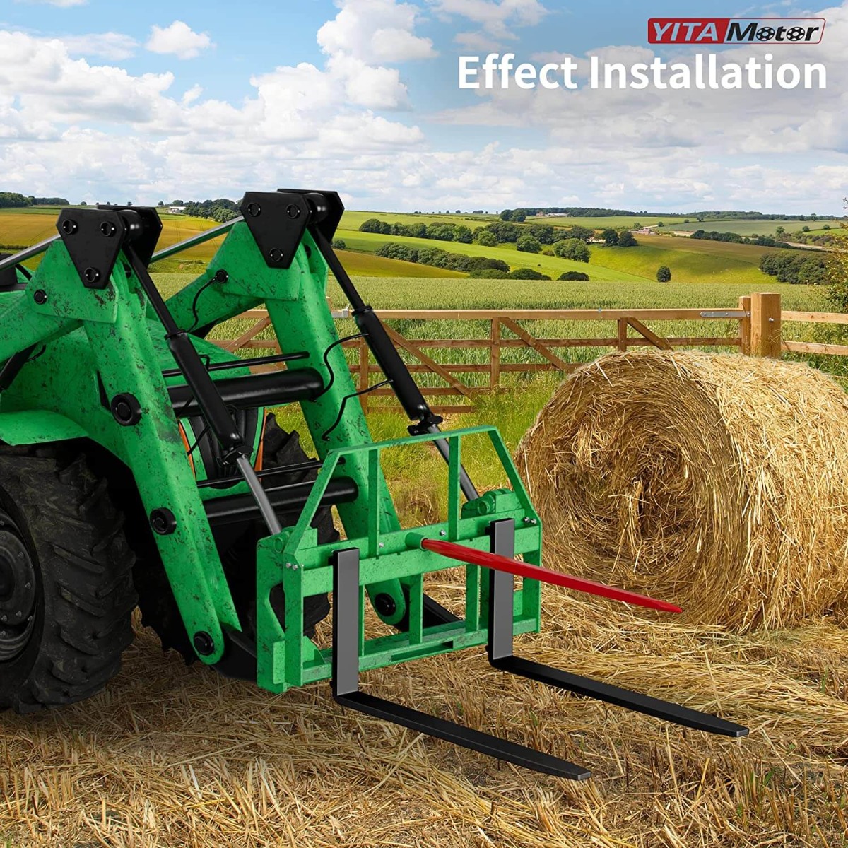 Side view of YITAMOTOR® 4000lbs 46" Skid Steer Pallet Fork Frame with Bale Spear Sleeve Fits John Deere Loaders