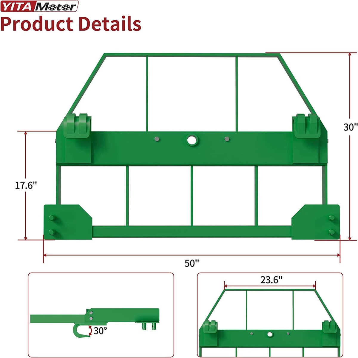 Side view of YITAMOTOR® 4000lbs 46" Skid Steer Pallet Fork Frame with Bale Spear Sleeve Fits John Deere Loaders