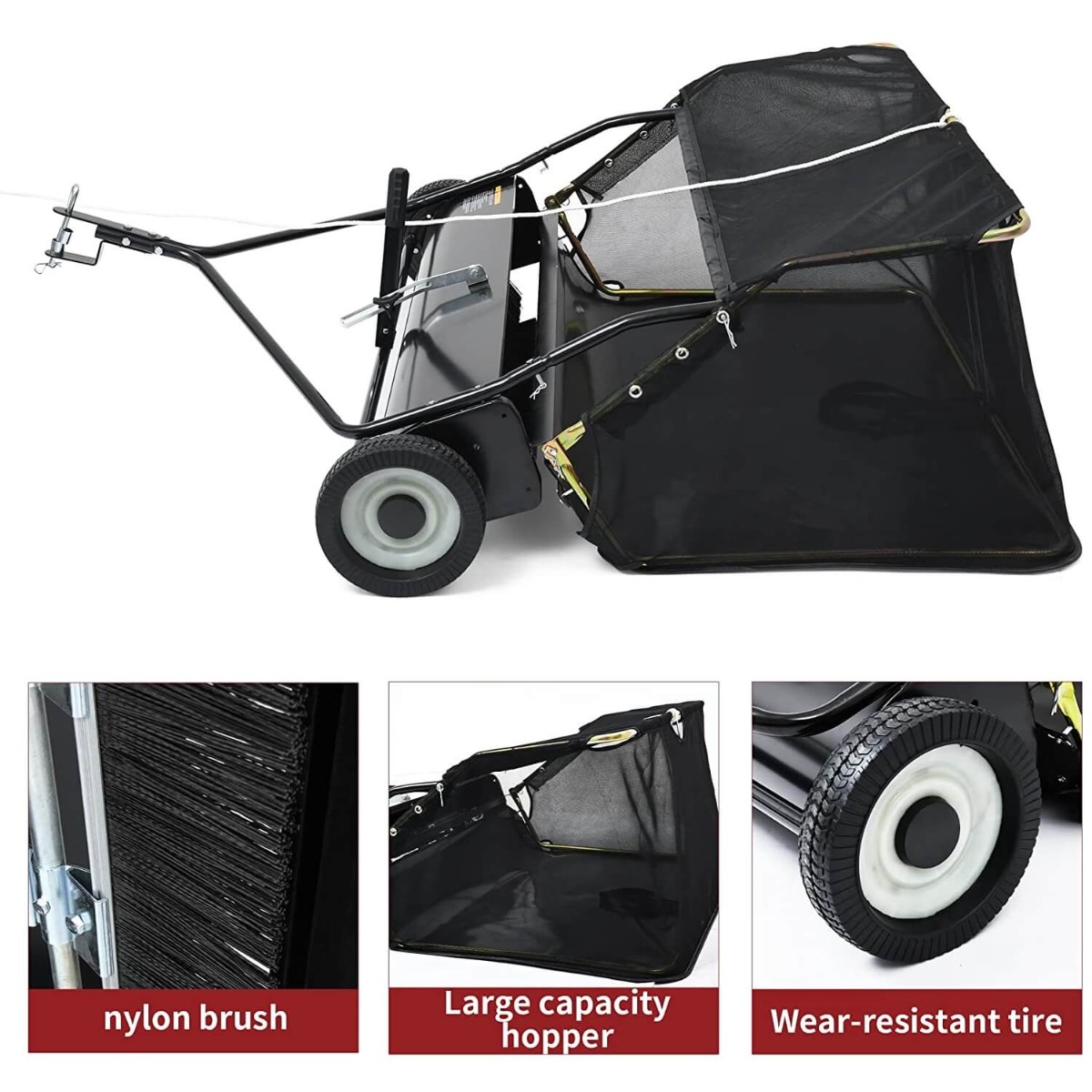 Side view of YITAMOTOR® 48" Tow Behind Lawn Sweeper Leaf Collector Sweeper for Lawn