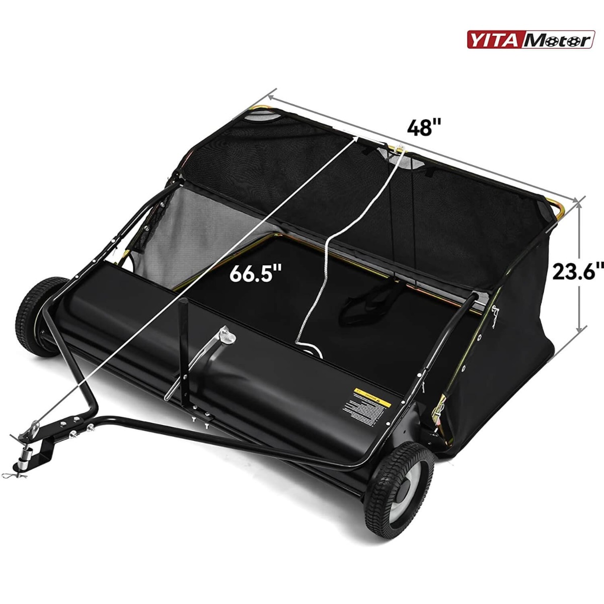 Side view of YITAMOTOR® 48" Tow Behind Lawn Sweeper Leaf Collector Sweeper for Lawn