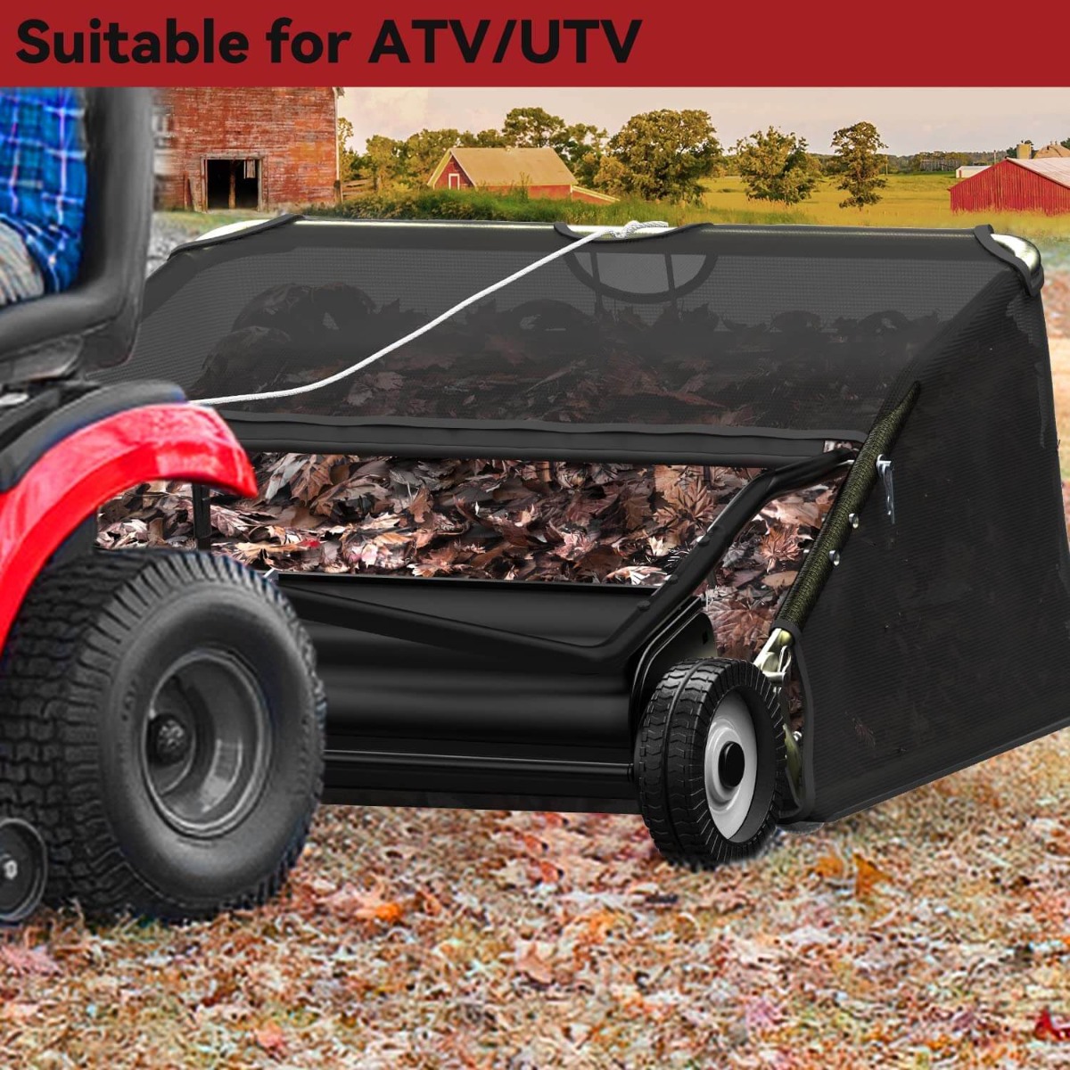 Side view of YITAMOTOR® 48" Tow Behind Lawn Sweeper Leaf Collector Sweeper for Lawn