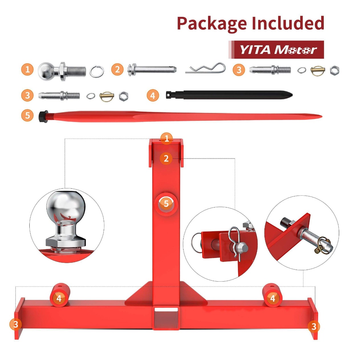 Side view of YITAMOTOR® 3 Point Hay Bale Spear Trailer Hitch Receiver Cat 1 Tractor Lift Capacity 3000lb