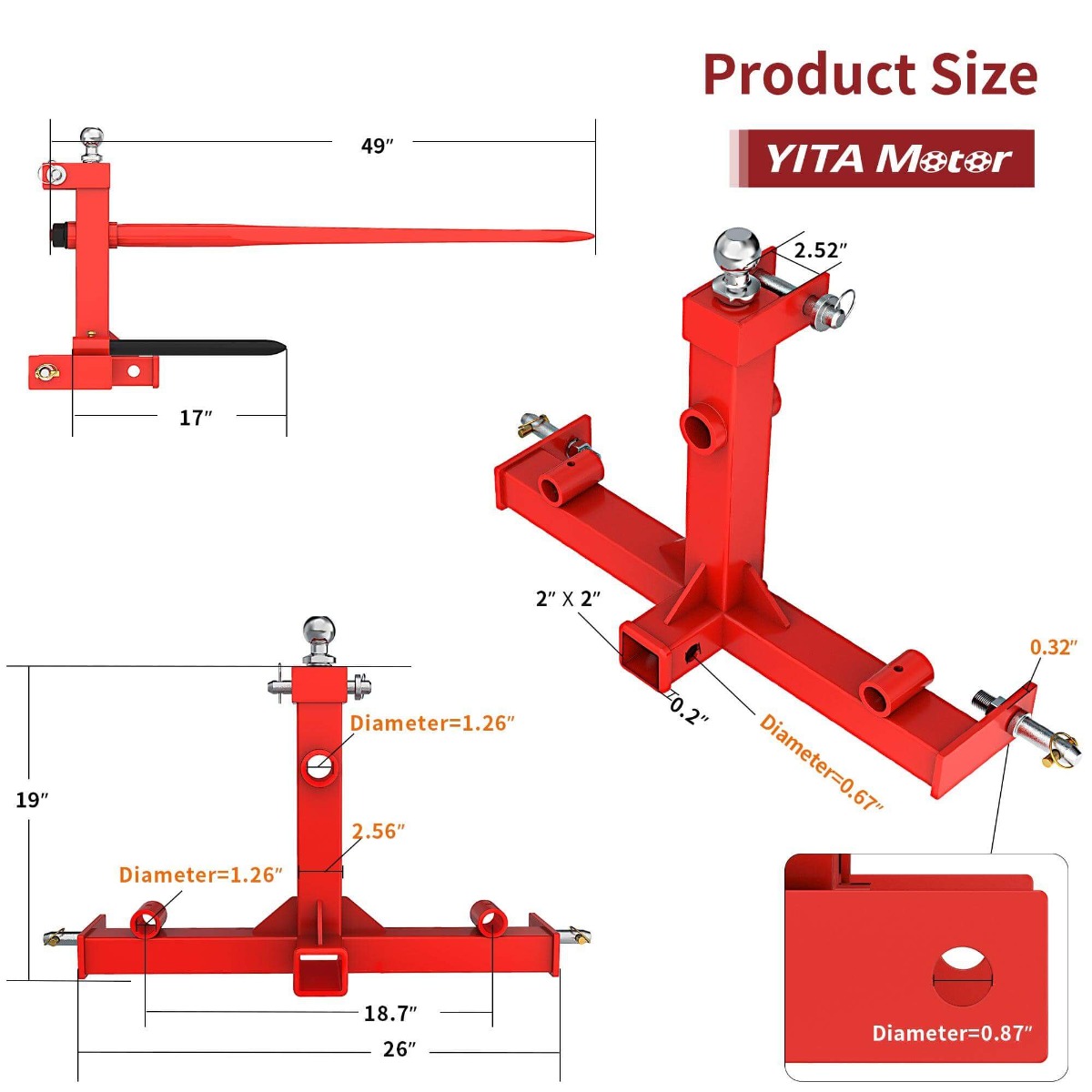 Side view of YITAMOTOR® 3 Point Hay Bale Spear Trailer Hitch Receiver Cat 1 Tractor Lift Capacity 3000lb