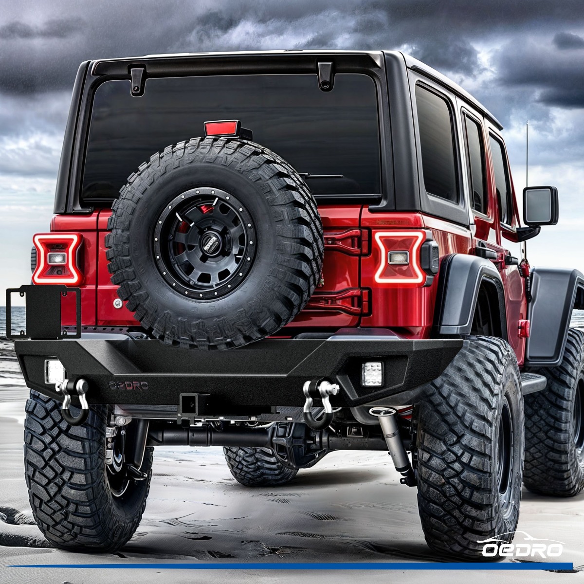 Side view of OEDRO Rear Bumper for 2018-2025 Jeep Wrangler JL, Rock Crawler Bumper with Hitch Receiver 2 x LED Lights & 2 x D-Rings (Not for JK)