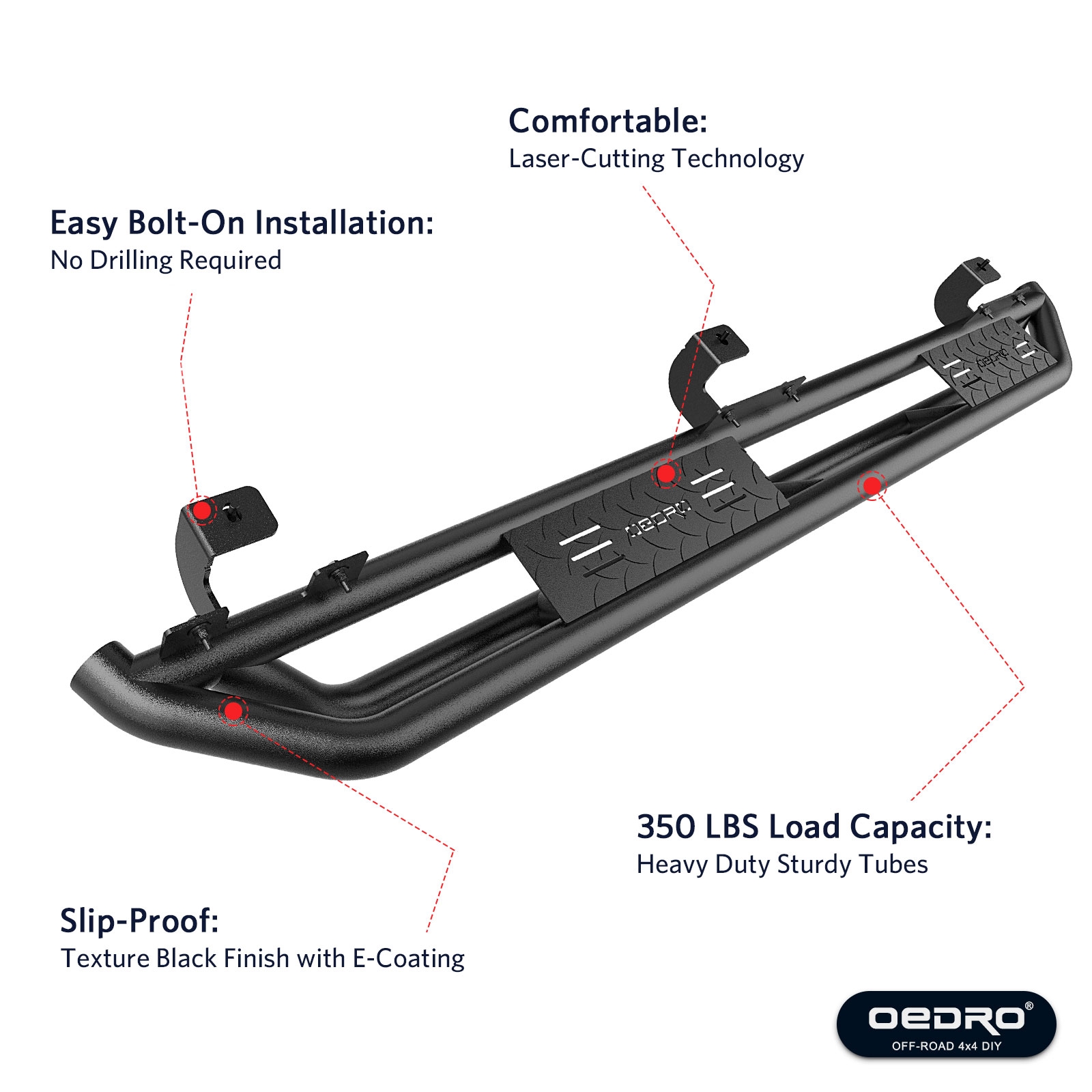 Side view of OEDRO 6" Running Boards for 2018-2026 Jeep Wrangler JL & Unlimited 4 Door