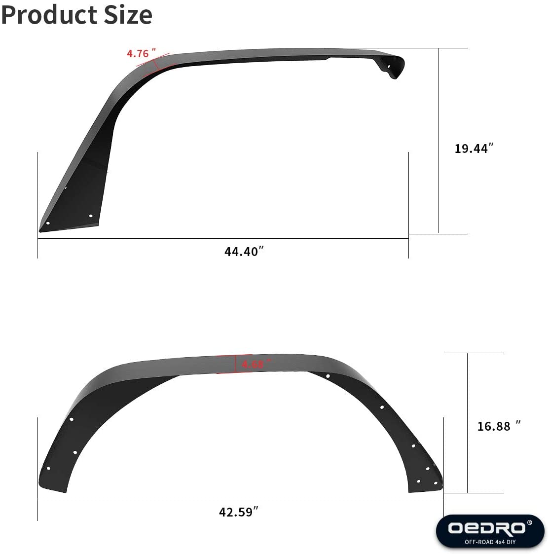 Side view of OEDRO 4 PCS Flat Front & Rear Fender Flares for 2018-2026 Jeep Wrangler JL & JLU (2 Door/4 Door), Off-Road Metal Steel Wheel Flares Liner