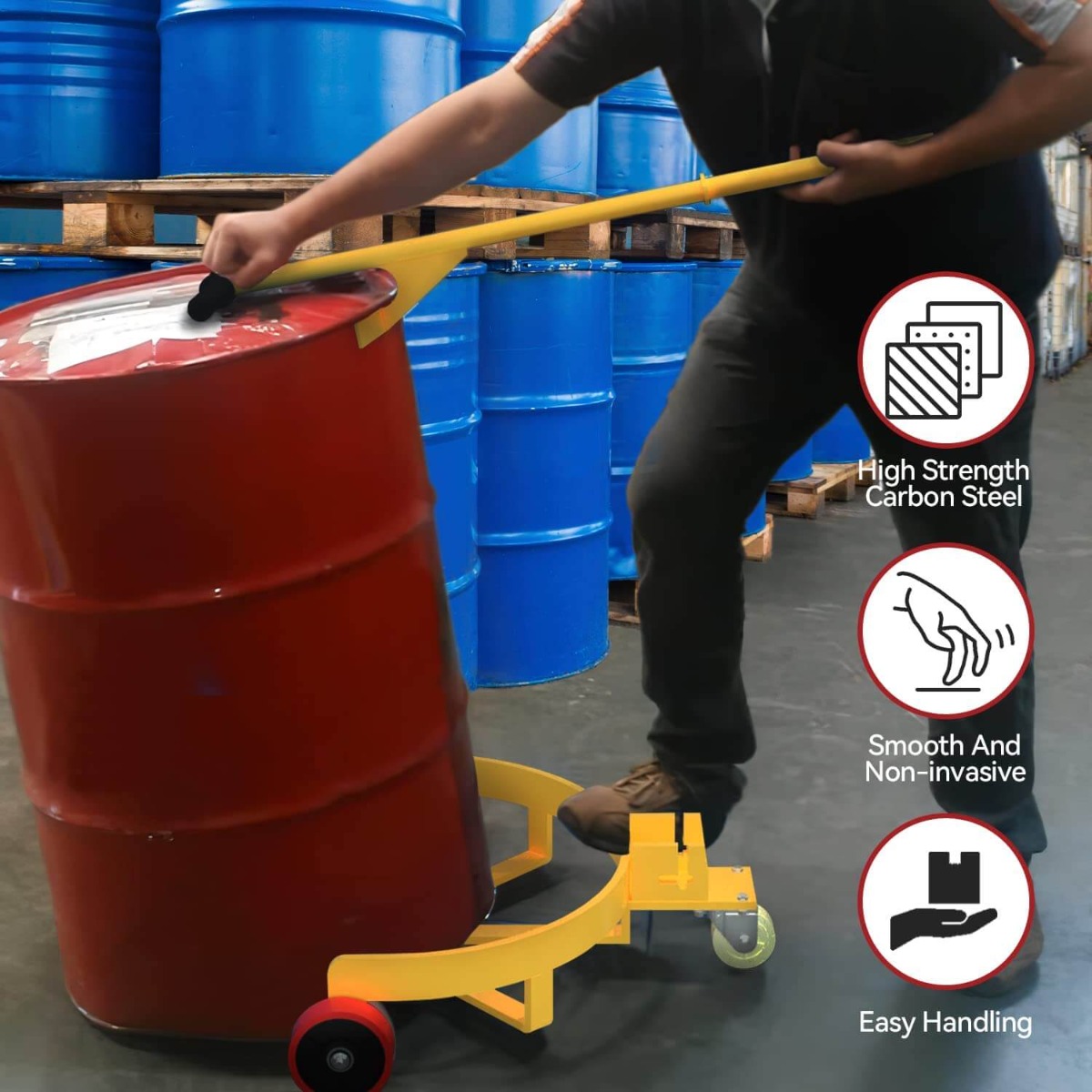 Side view of YITAMOTOR® 55 Gallon Drum Dolly, 1200lbs Capacity Drum Cart, Oil Drum Cart with Bung Wrench Handle and Poly-on-Steel Wheels
