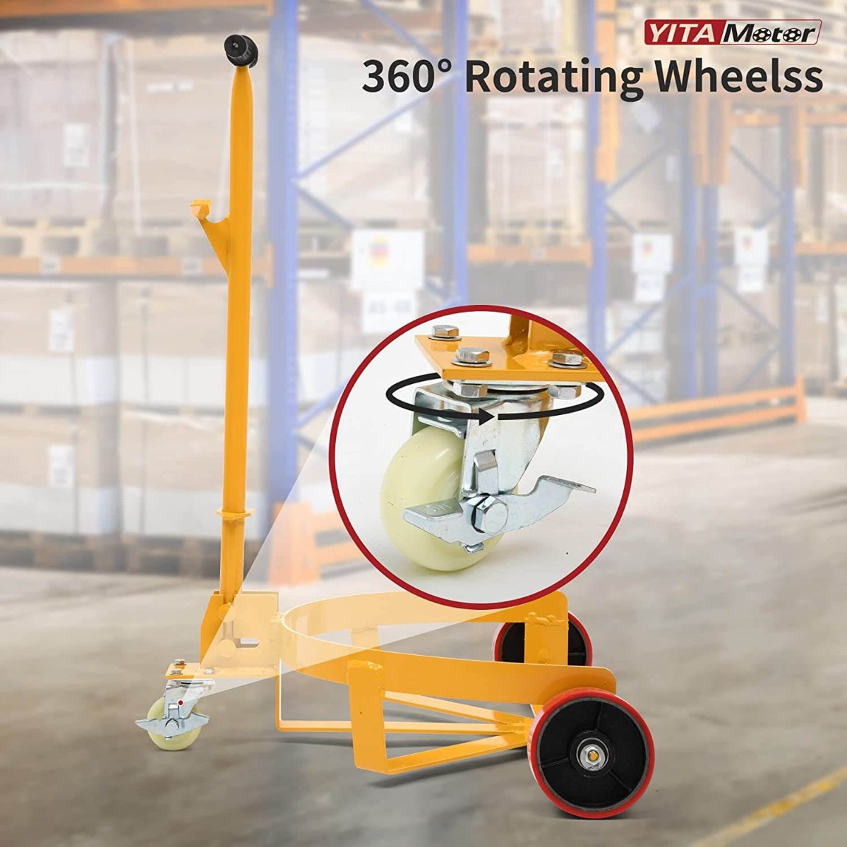 Side view of YITAMOTOR® 55 Gallon Drum Dolly, 1200lbs Capacity Drum Cart, Oil Drum Cart with Bung Wrench Handle and Poly-on-Steel Wheels