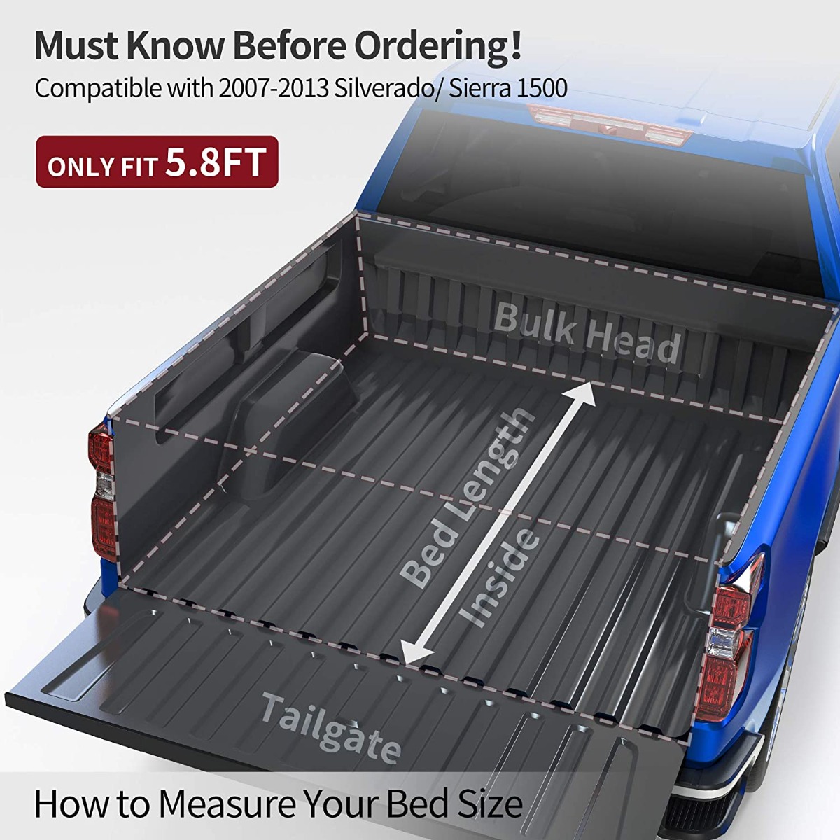 Side view of OEDRO 5.8FT Soft Tri-fold Tonneau Cover for 2007-2013 Chevy Silverado/GMC Sierra 1500 (Only fit 5.8ft Crew Cab)