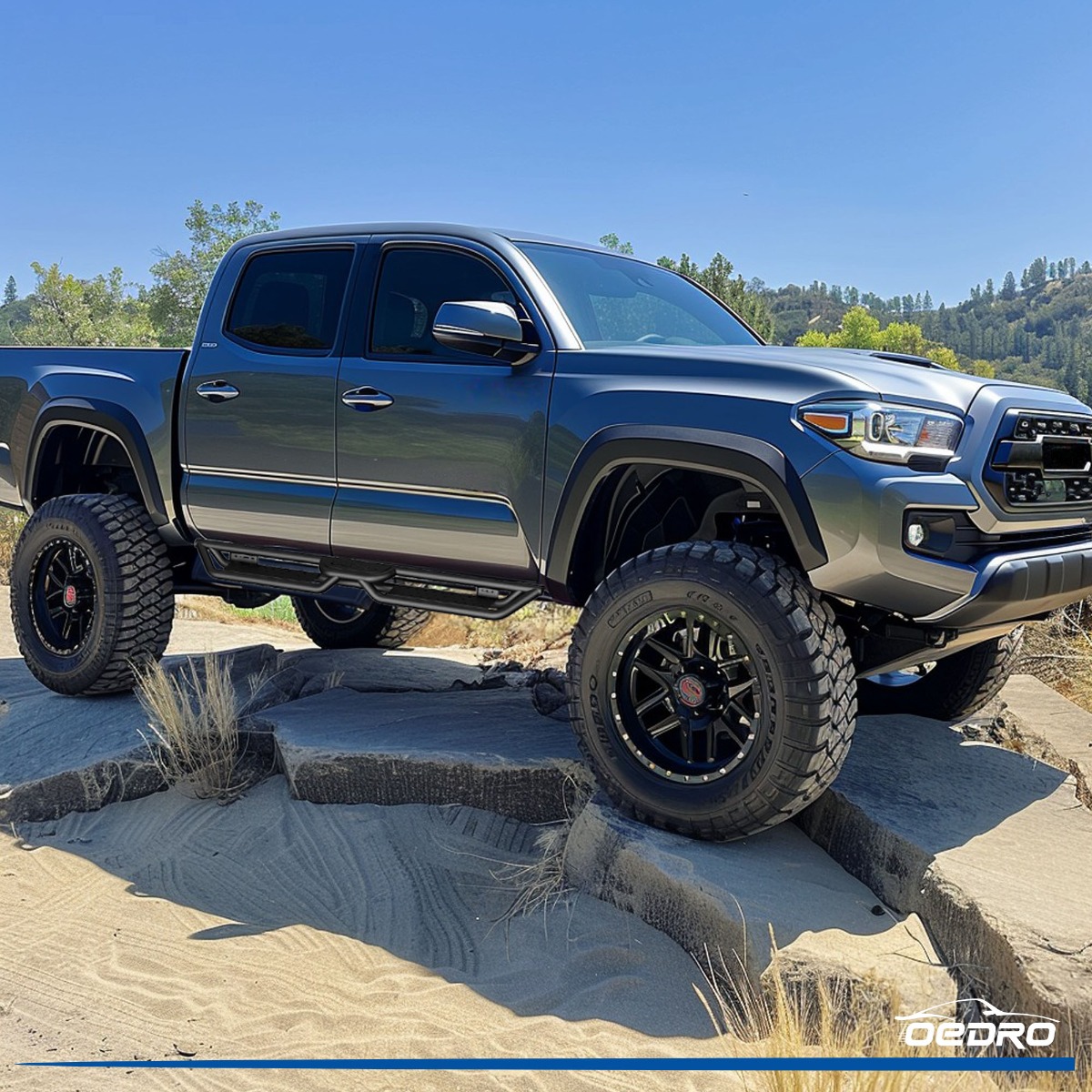 Side view of 6" Running Boards Compatible with 2024-2026 Toyota Tacoma Double/Crew Cab 4 Full-Size Doors, Two Stair Design Side Step Rails Carbon Steel Nerf Bars