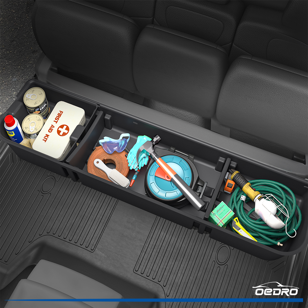 Side view of OEDRO Upgraded Under Seat Storage Box for 2015-2026 Ford F150 Super Crew Cab, 2 in 1 Design Black Organizers