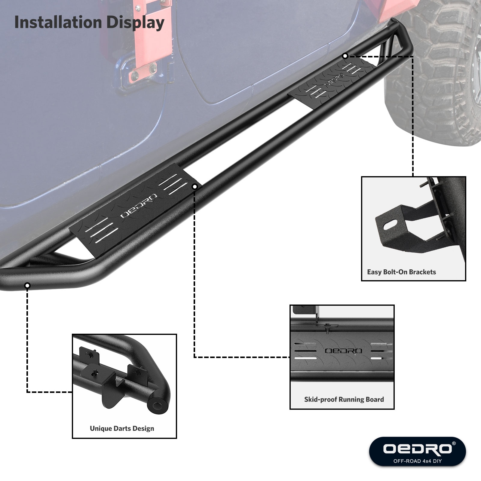 Side view of OEDRO 6" Running Boards for 2018-2026 Jeep Wrangler JL & Unlimited 4 Door