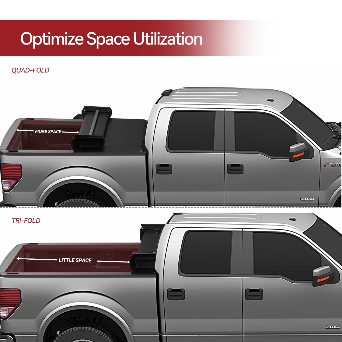 Side view of YITAMOTOR Soft Quad-Fold Tonneau Cover for 1999-2026 Ford F-250/F-350 Super Duty 8 ft Bed
